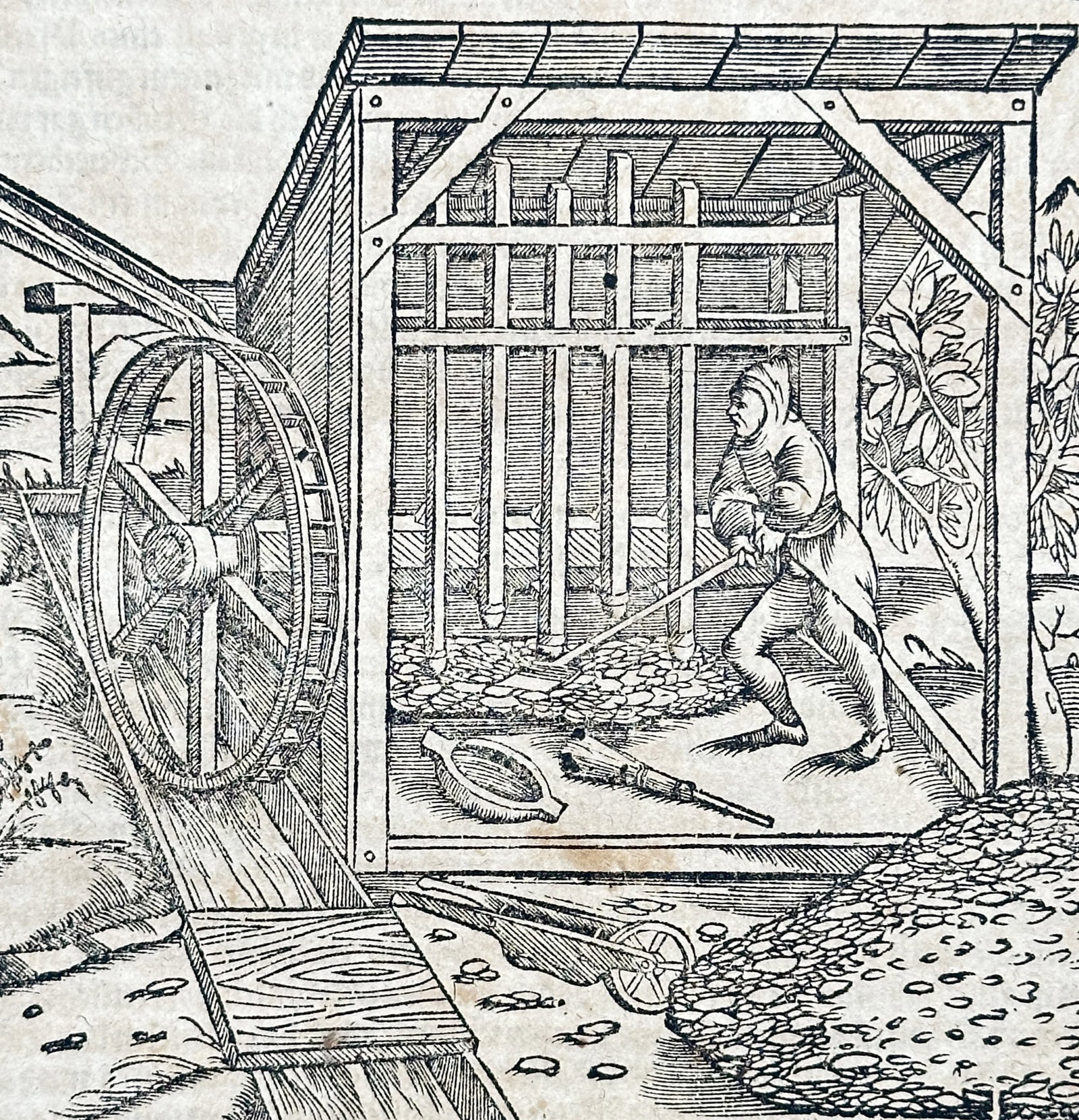 Sebastian Münster (1488-1552) – View of a Renaissance Mine Workings – Germany – Woodcut: "Von der seltzamen Rüstung und Instrumenten so die Bergwercker in Gruben brauchen." This woodcut illustrates a sixteenth-century mining scene, specifically focusing on the mechanical equipment used f