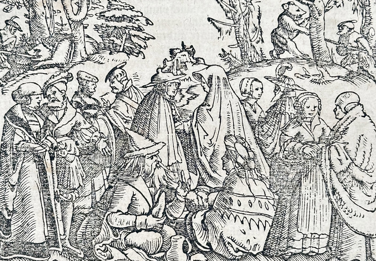 Sebastian Münster (1488-1552) – View of German Customs and Social Classes – Woodcut (1550): "Von den gemeinen Bränchen und Sitten jetziger Teutscher Völcker." This woodcut illustrates a social scene depicting various German people of different classes and stations, gathered in a wooded lan
