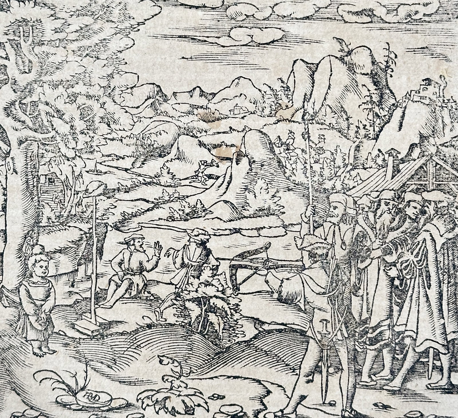 Sebastian Münster (1488-1552) – View of William Tell Shooting the Apple – Woodcut (1550): "Von den Vögten in den Ländern Ury / Schweitz / und wie etliche auß denselbigen vertrieben worden." This woodcut illustrates the famous legend of William Tell, depicting the moment he shoots an app