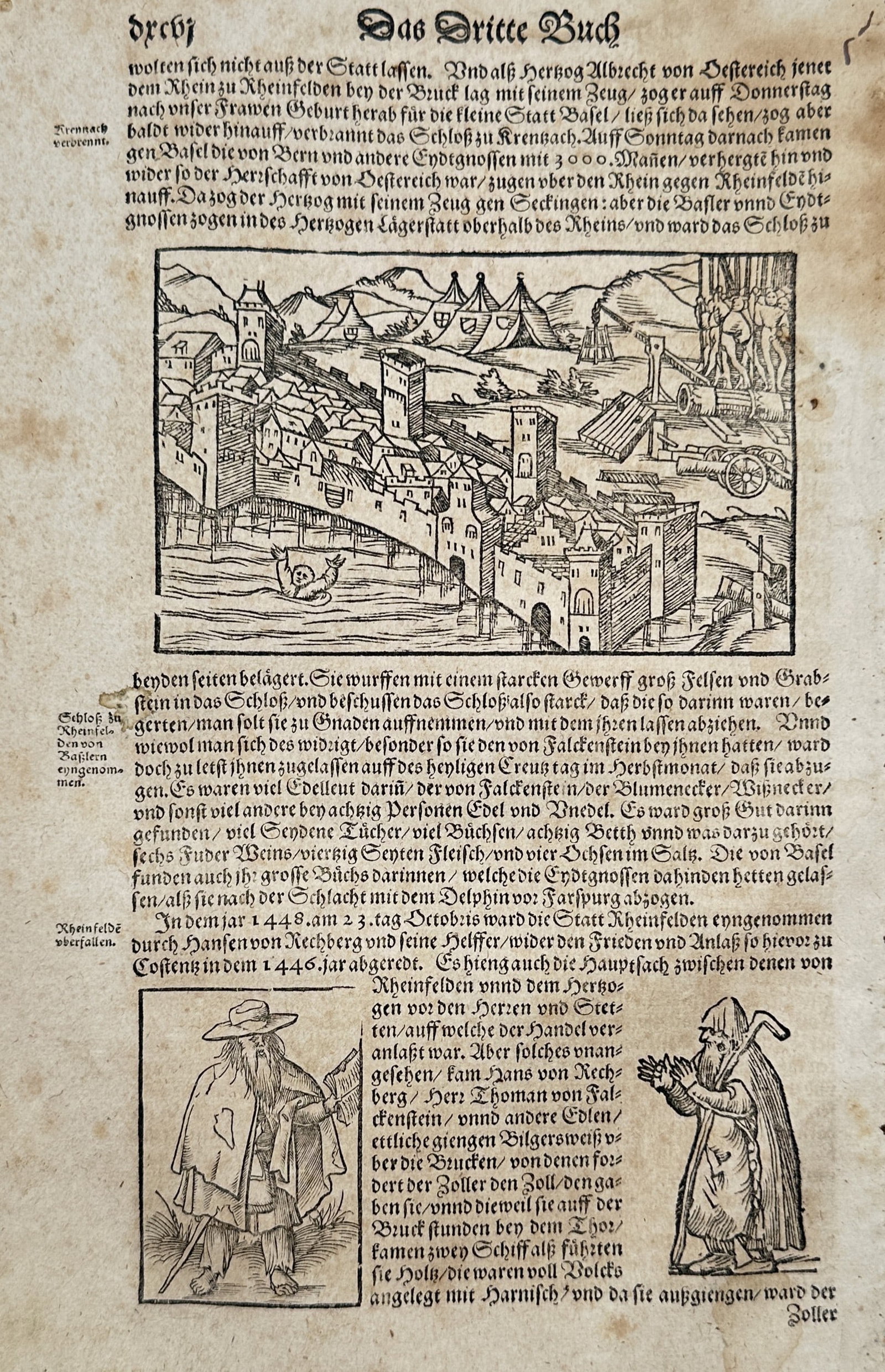Sebastian Münster (1488-1552) – View of the Siege of Rheinfelden and Figures – Switzerland: "Schloß Rheinfelden." This woodcut features two distinct illustrations within a page of German text. The upper image depicts the siege of the fortified town of Rheinfelden, showing military tents, ca