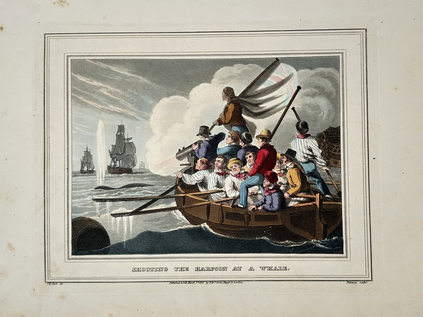 John Heaviside Clark (1771-1863) – Shooting the Harpoon at a Whale – Hand-coloured aquatint (1 of 2)