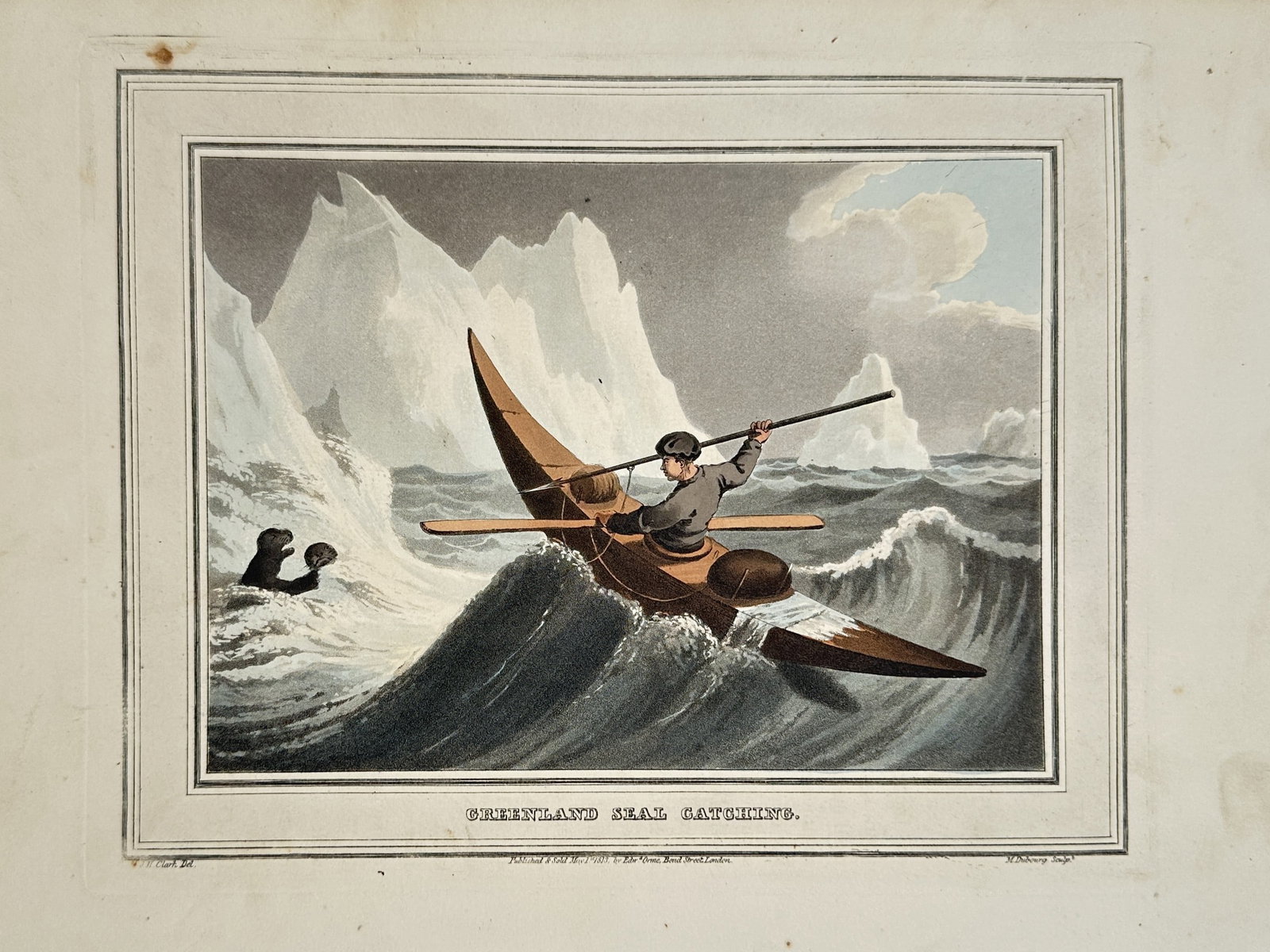 John Heaviside Clark (1771-1863) – Greenland Seal Catching – Hand-coloured aquatint (1813): "Greenland Seal Catching." This hand-coloured aquatint depicts an Inuit hunter in a kayak navigating choppy Arctic waters amidst towering icebergs. The hunter is poised with a harpoon, targeting a sea