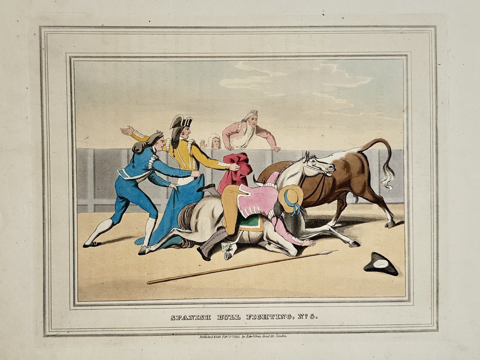 Samuel Howitt (1756-1822) – Spanish Bull Fighting – Hand-coloured aquatint (1813): "Spanish Bull Fighting." This hand-coloured aquatint depicts a dramatic moment in a bullring where a bull has upended a horse and its rider, while other bullfighters in traditional attire rush to inte