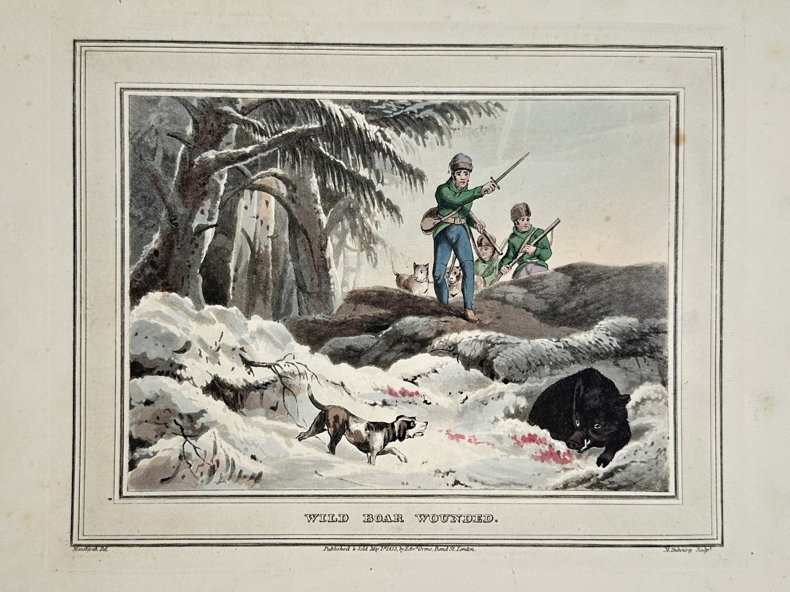 Samuel Howitt (1756-1822) – View of a Wounded Wild Boar – Hand-coloured aquatint (1813): "Wild Boar Wounded." This hand-coloured aquatint depicts a dramatic hunting scene in a snowy, wintry forest. A wounded wild boar is seen in a hollow, surrounded by blood-stained snow, while a hunting 