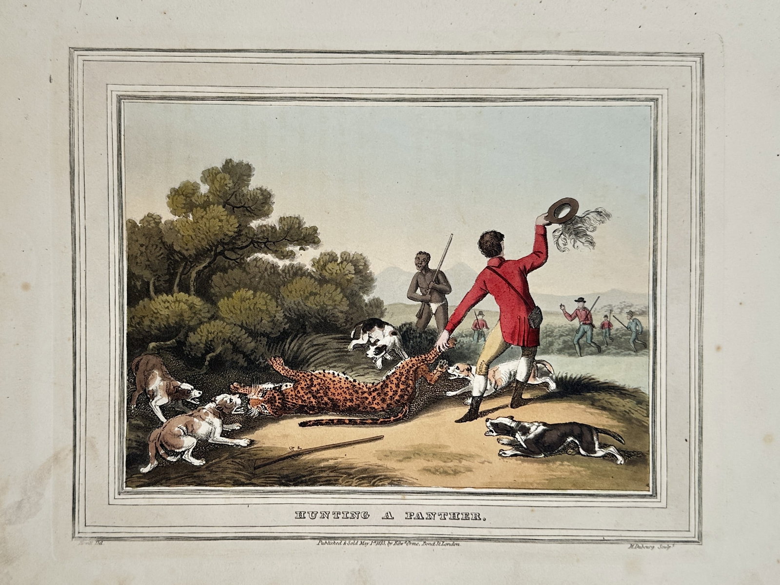 Samuel Howitt (1756-1822) – View of Hunting a Panther – Hand-coloured aquatint (1813): "Hunting a Panther." This hand-coloured aquatint illustrates the climax of a hunt where a large spotted panther has been brought down by a pack of hounds in an open landscape. A hunter in a red coat s