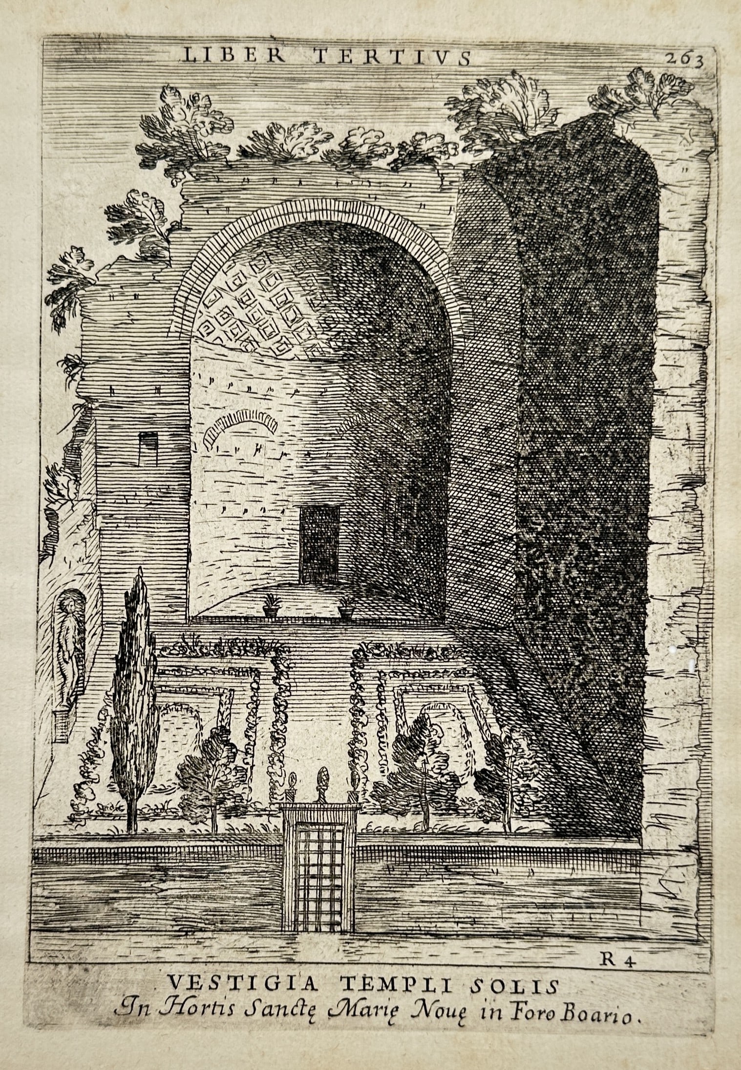 Alessandro Donati (1584–1640) – View of the Remains of the Temple of the Sun – Etching (1633): "Vestigia Templi Solis In Hortis Sanctae Mariae Novae in Foro Boario." This etching depicts the monumental ruins of an ancient Roman structure, identified as the Temple of the Sun, located near the Fo