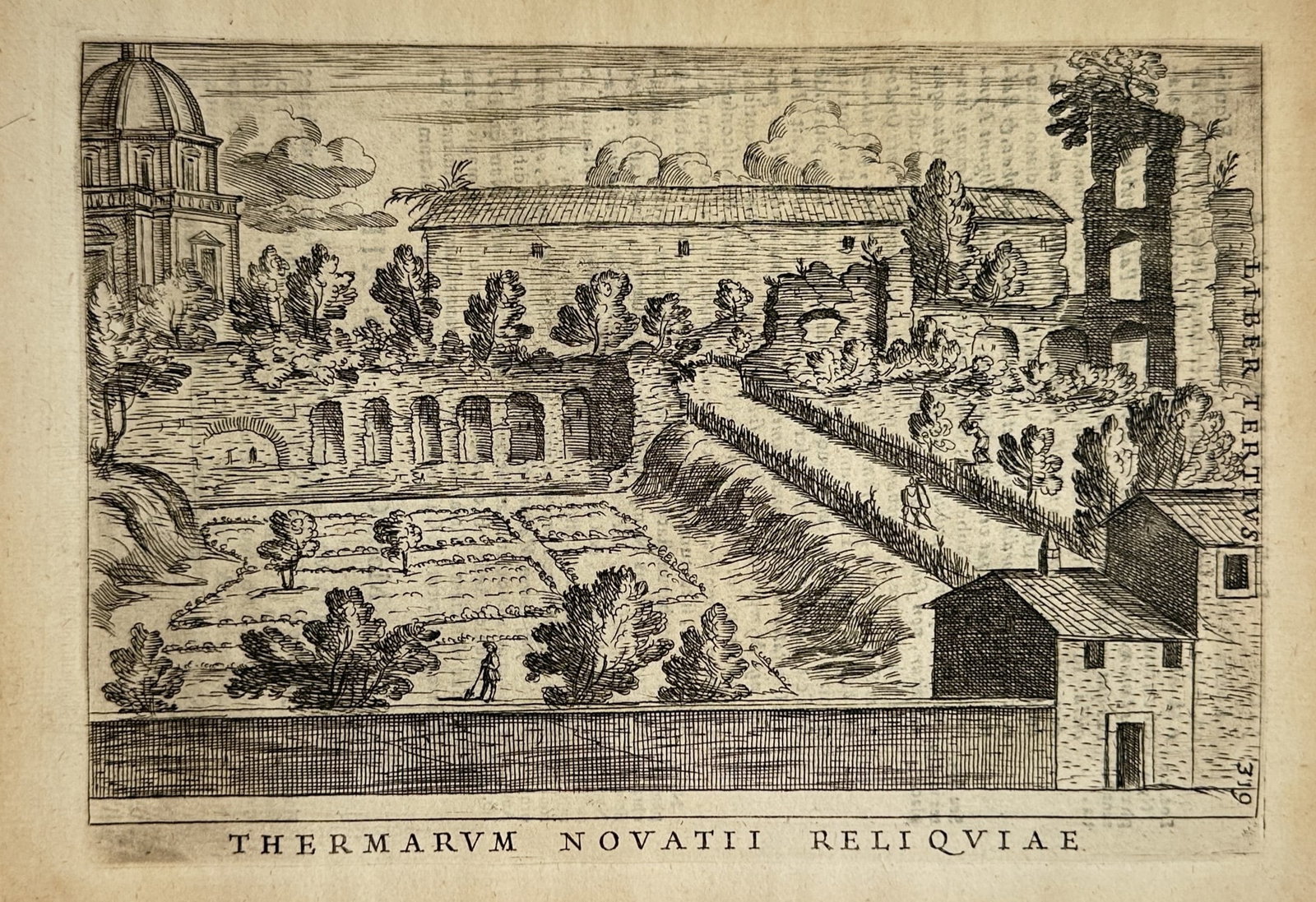 Alessandro Donati (1584–1640) – View of the Relics of the Baths of Novatius – Etching (1633): "Thermarvm Novatii Reliqviae." This etching depicts the architectural remains of the ancient Baths of Novatius in Rome, showcasing a landscape with classical ruins, vaulted structures, and a domed bui