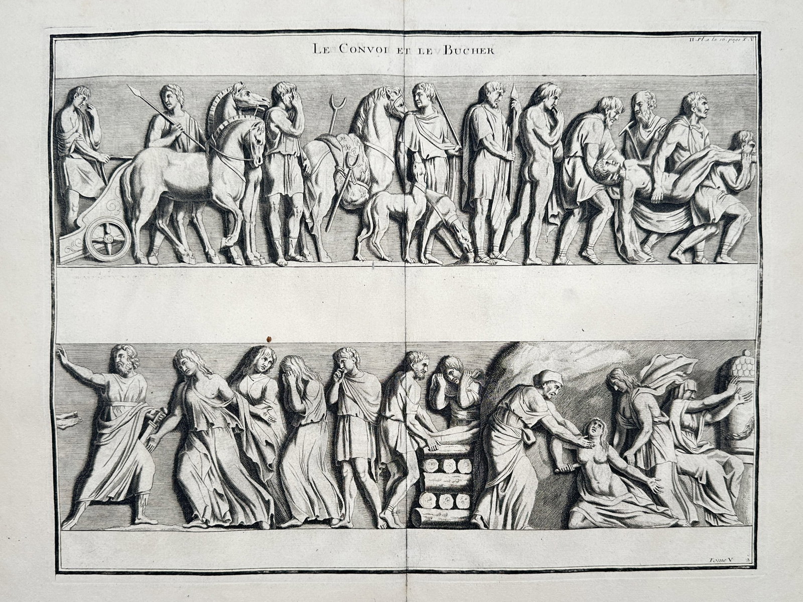 Bernard de Montfaucon (1655-1741) – Le Convoi et le Bucher – Engraving (1719): "Le Convoi et le Bucher." This classical print is a plate from the monumental work L'antiquité expliquée et représentée en figures, published in Paris by Florentin Delaulne. The engraving depicts 