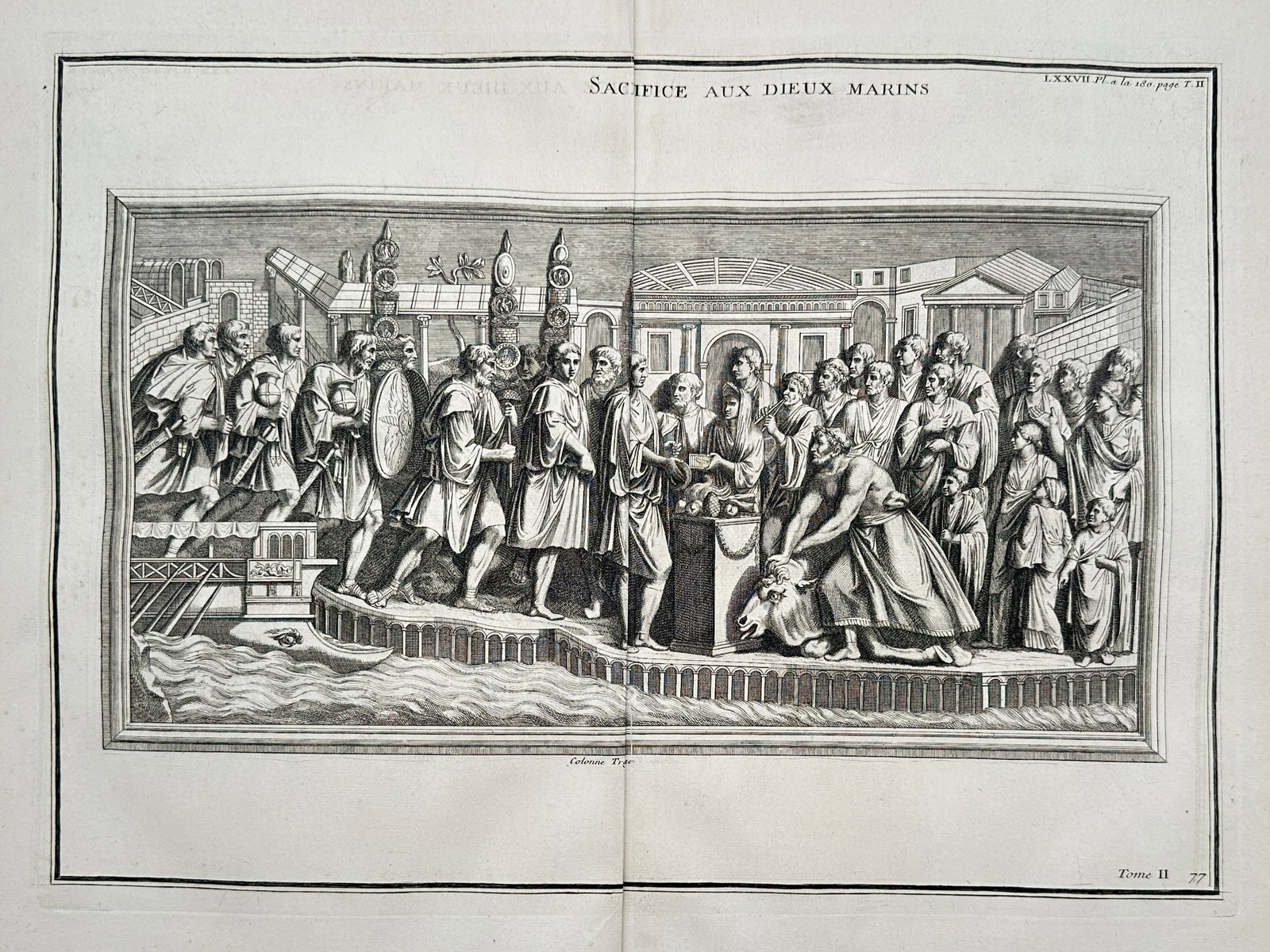 Bernard de Montfaucon (1655-1741) – Sacrifice aux Dieux Marins – Engraving (1719): "Sacrifice aux Dieux Marins." This classical engraving is a plate from the work L'antiquité expliquée et représentée en figures, published in Paris by Florentin Delaulne. The scene illustrates a R