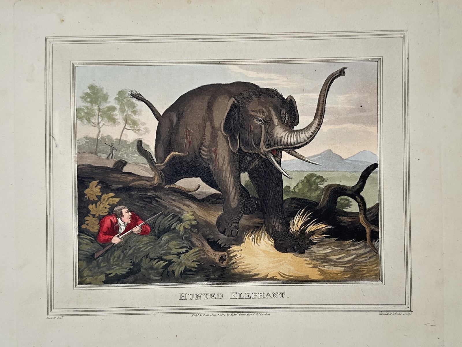 Samuel Howitt (1756-1822) – Hunted Elephant – Hand-coloured etching (1805) (1 of 2)