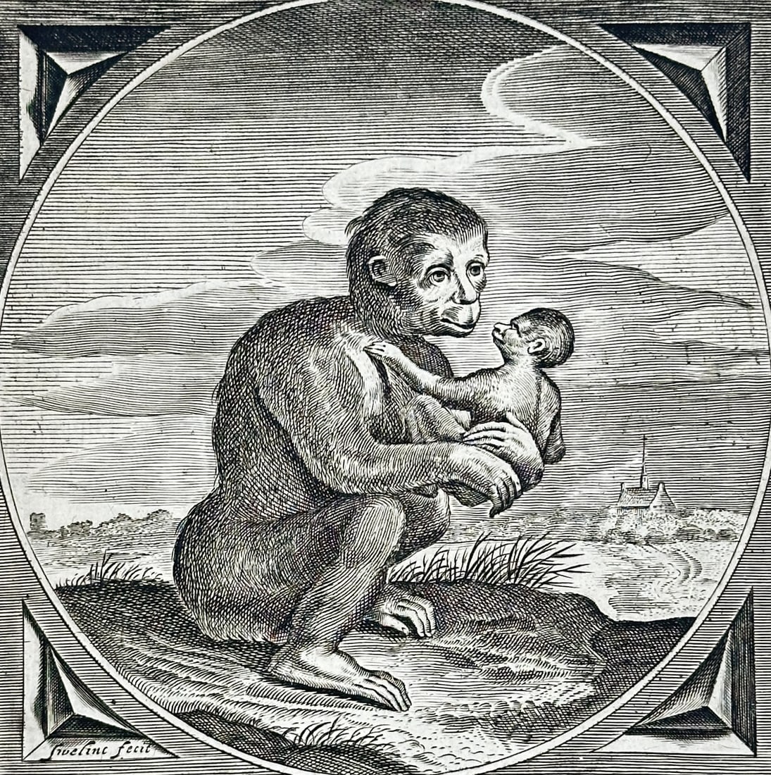 Jacob Cats (1577-1660) – Amor, Formae Condimentum – Engraving (1627): "Amor, Formae Condimentum." This emblem print is from the work Proteus ofte Minne-Beelden Verandert in Sinne-Beelden, published in Rotterdam by Pieter van Waesberge. The illustration depicts a monkey 