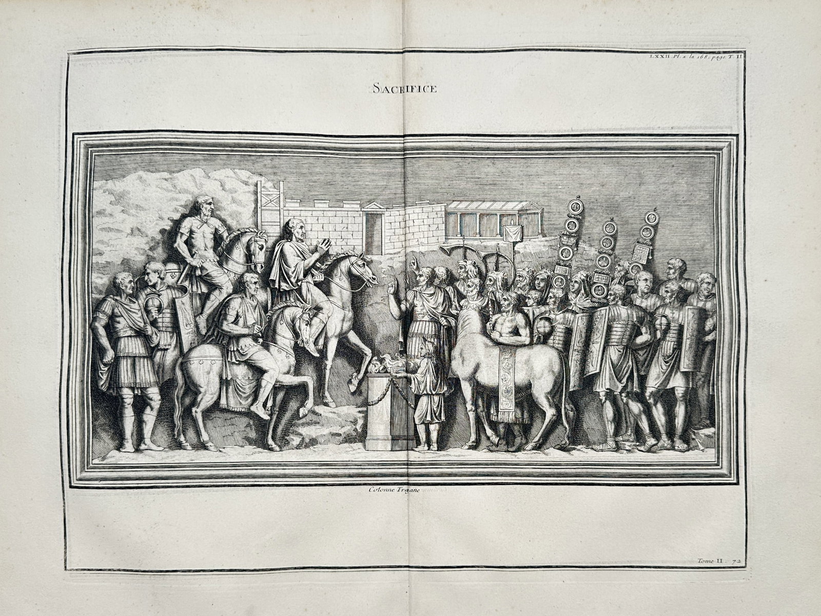 Bernard de Montfaucon (1655-1741) – Sacrifice – Engraving (1719): "Sacrifice." This large-scale engraving is a plate from the landmark series L'antiquité expliquée et représentée en figures, published in Paris by Florentin Delaulne. The composition represents a 