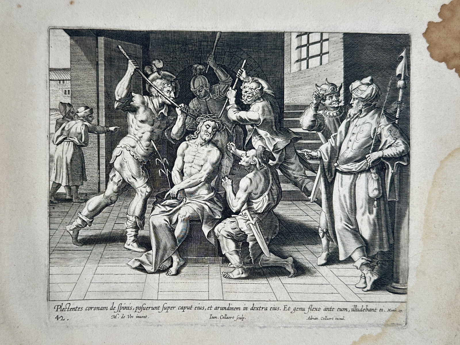 Marten de Vos (1532-1603) – The Crowning with Thorns – Engraving (1585): This religious print is a plate from the series Vita, Passio, et Resurrectio Iesu Christi, published in Antwerp. The engraving depicts Christ being mocked by soldiers who place a crown of thorns upon 
