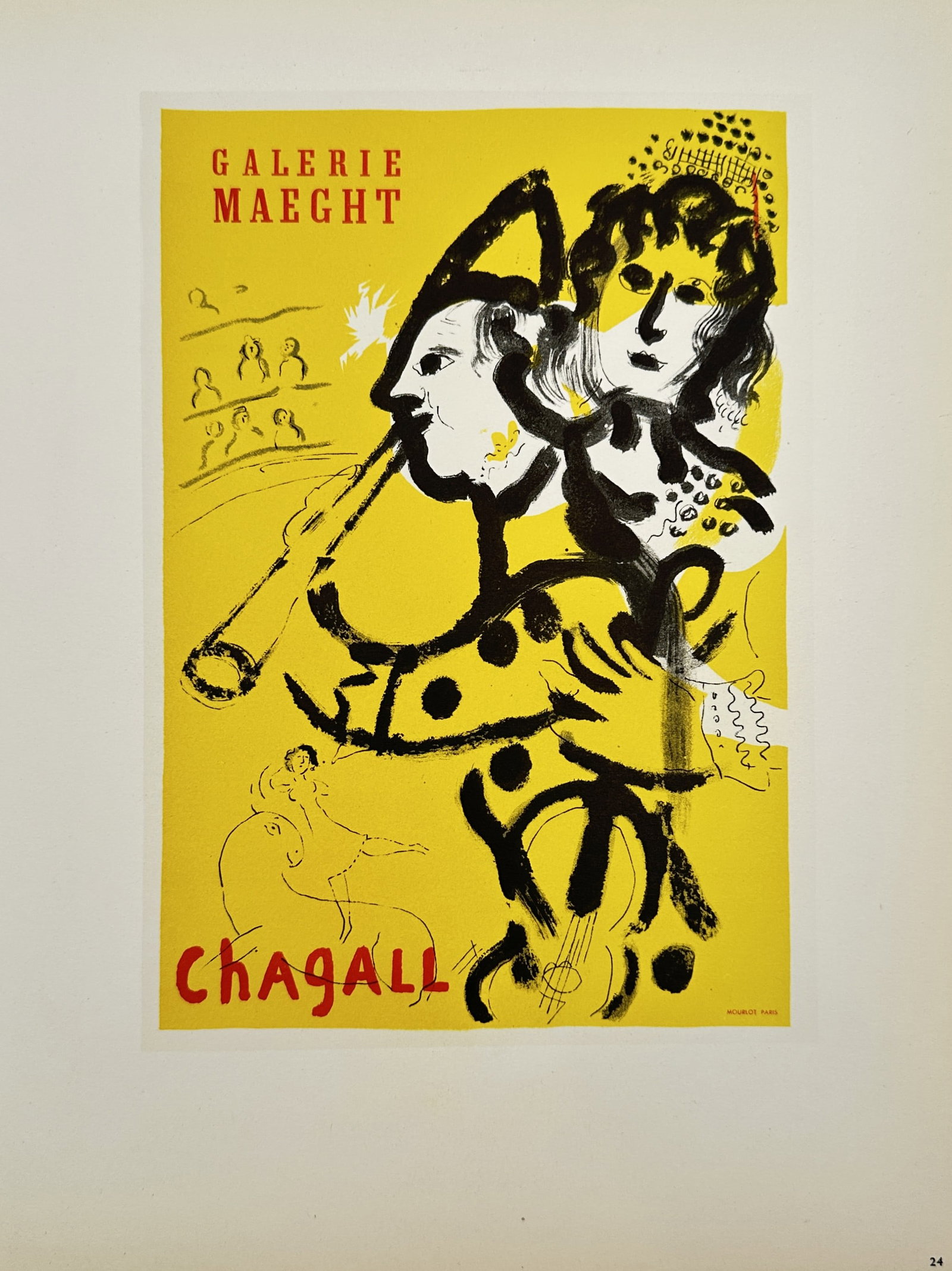 Marc Chagall, after – Galerie Maeght: Chagall – Offset print (20th Century): "Galerie Maeght. Chagall." This vibrant exhibition poster, identified as plate 24, is an offset lithographic reproduction based on Marc Chagall's original 1962 poster for a retrospective at the Galeri