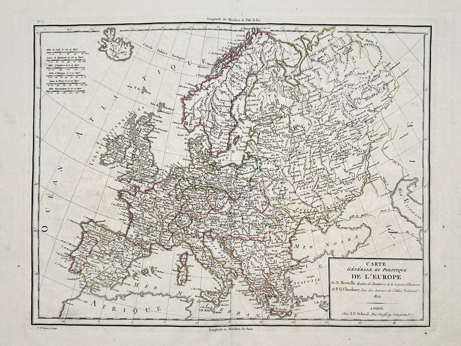 Edme Mentelle (1730–1815) – Map of Europe – Europe – Hand-coloured engraving (1822): "Carte Générale et Politique de l'Europe." This large-scale map displays the political boundaries of the European continent following the Napoleonic Wars and was published in Paris by J.B. Delaval. 