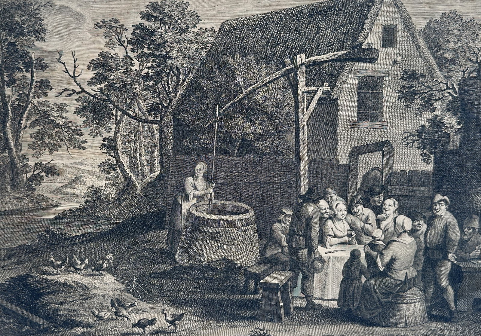 David Teniers the Younger (1610-1690) – View of Peasants Dining near a Well – Engraving (1670) (1 of 2)