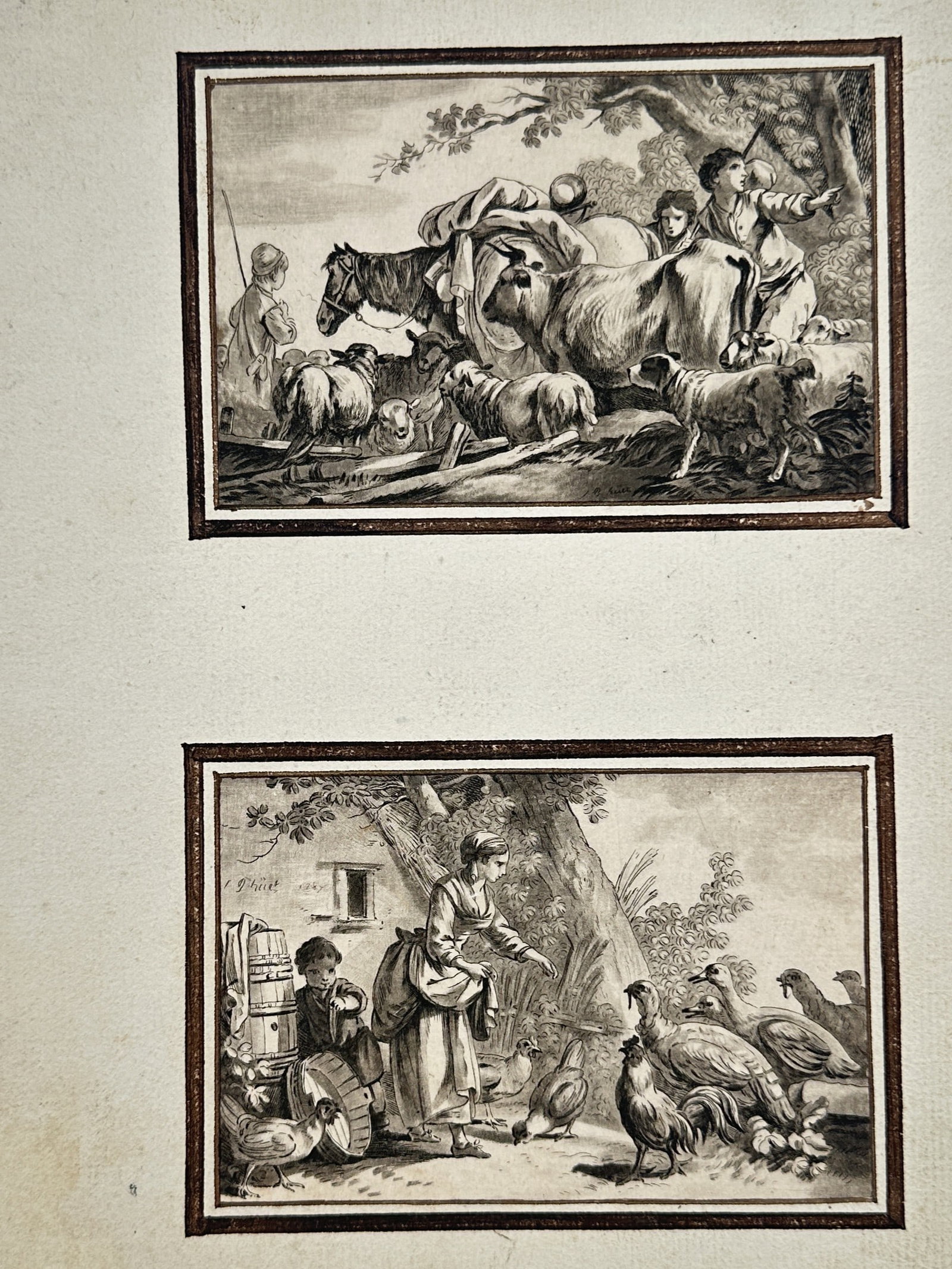 Nicolaes Berchem (1620-1683) – Pastoral Scenes with Livestock and Poultry – Etching (1655): "Animalia". This set depicts two distinct rural scenes; the upper scene shows peasants with a horse, cow, and sheep in a landscape, while the lower scene features a woman feeding poultry near a rustic