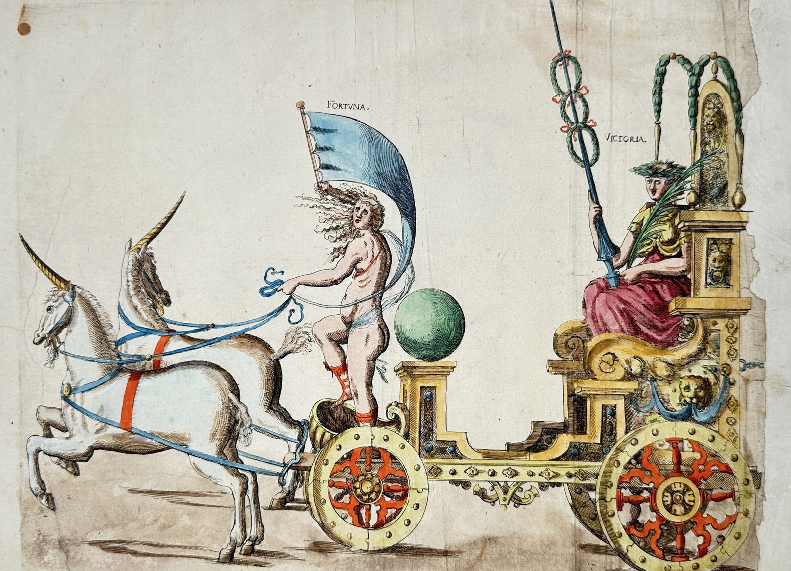 Balthasar Küchler (1571-1641) – Allegorical Chariot of Fortuna and Victoria – Hand-coloured: "Allegorical Chariot of Fortuna and Victoria". This work illustrates a theatrical ceremonial chariot drawn by unicorns, featuring the allegorical figures of Fortuna standing on a globe and Victoria se