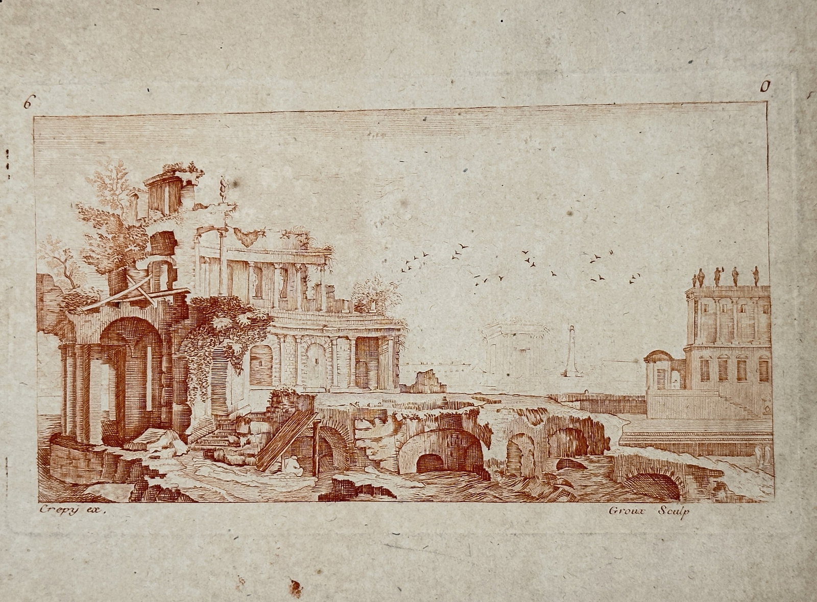 Johann Wilhelm Baur (1607-1642) – View of Roman Ruins with a Coastal Harbor – Etching (1681): "Prospectus Locorum Urbis Romae Insignium". This etching in sepia ink depicts an imaginary composition of classical Roman ruins overlooking a distant harbor with a lighthouse and sailing vessels. It w
