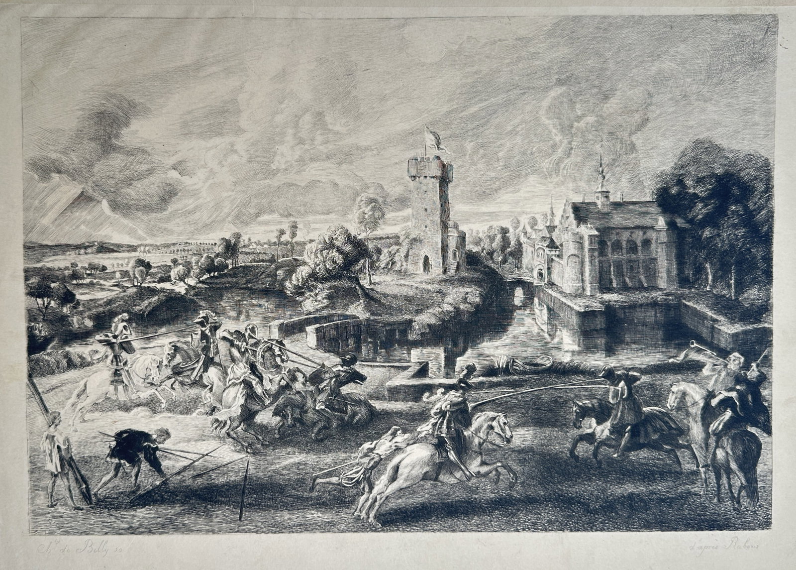 Peter Paul Rubens (1577-1640), after – A Tournament Near a Castle Moat – Etching (1840) (1 of 2)