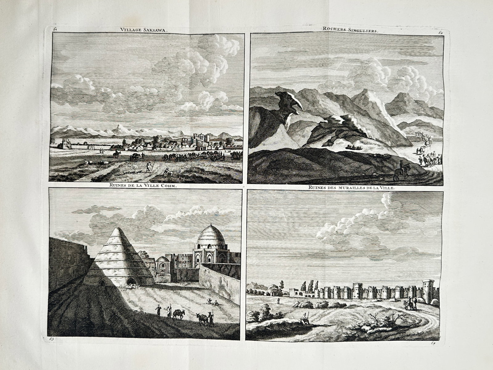 Cornelis de Bruyn (1652-1727) – Views of Persian Landscapes and Ruins – Engraving (1711): "Village Saksawa, Rochers Singuliers, Ruines de la Ville Com, Ruines des Murailles de la Ville". This engraving features four distinct views including the village of Saksawa, unusual rock formations, 