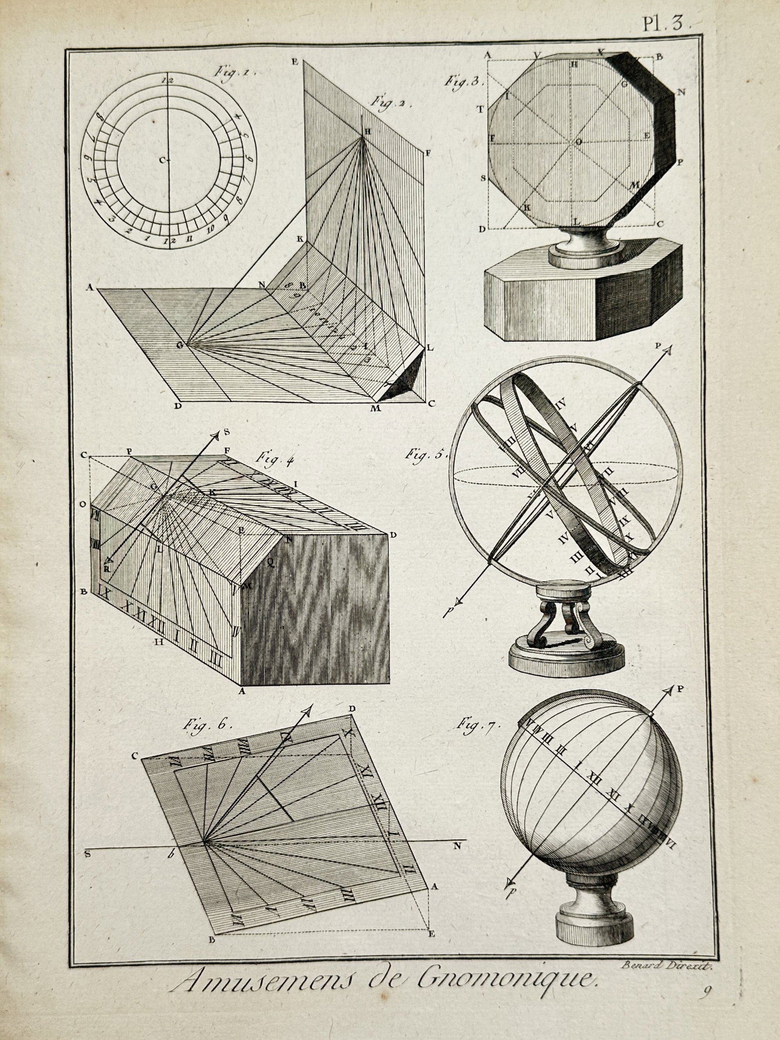 Robert Bénard (1734-1777) – Technical Diagrams of Sundials and Gnomonics – Engraving (1780) (1 of 2)