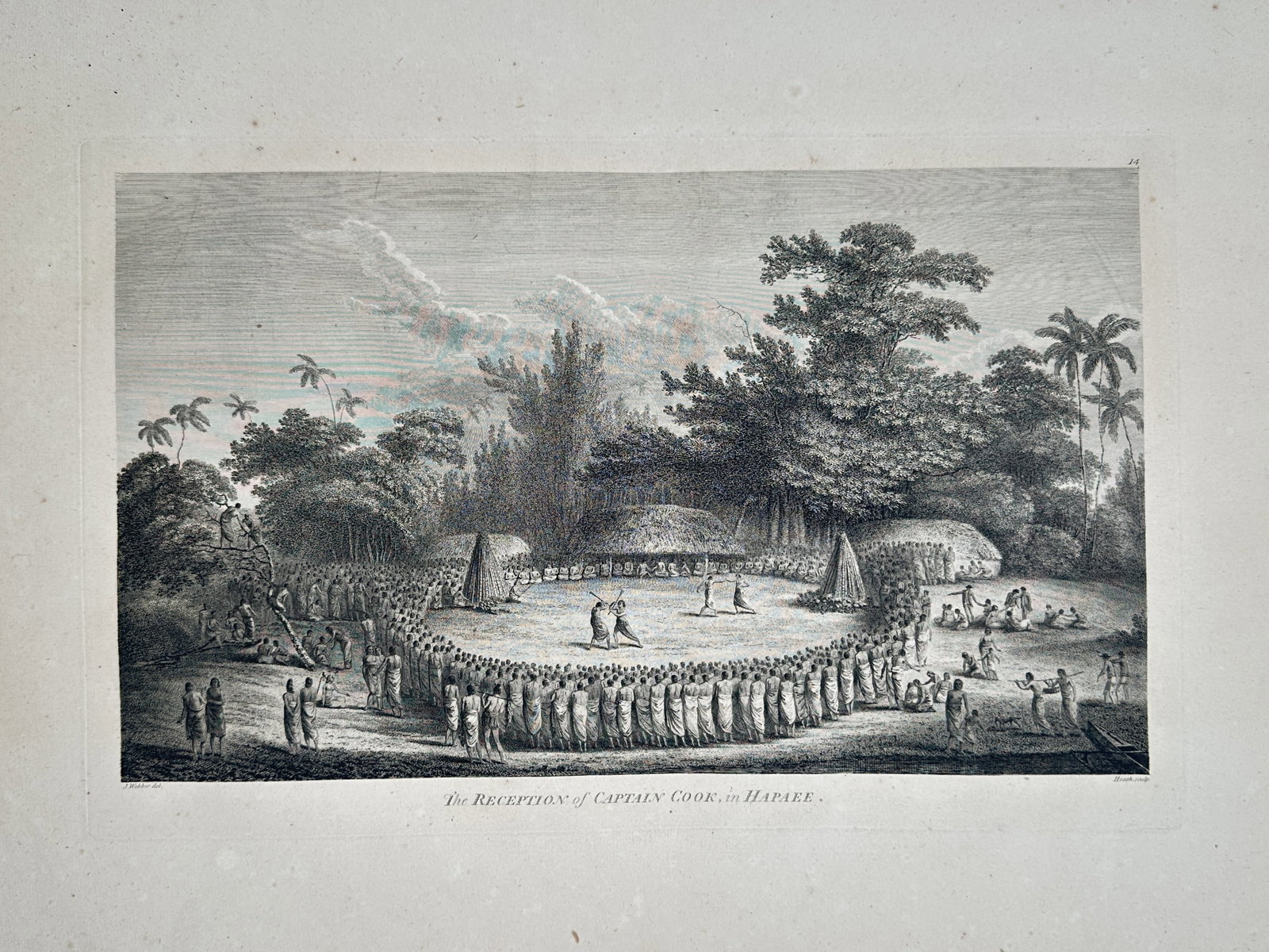 John Webber (1751-1793) – View of the Reception of Captain Cook in Hapaee – Engraving (1784): "The Reception of Captain Cook, in Hapaee". This engraving depicts a large gathering of Tongan people in a circular formation, witnessing a ceremonial boxing or wrestling match during the arrival of C
