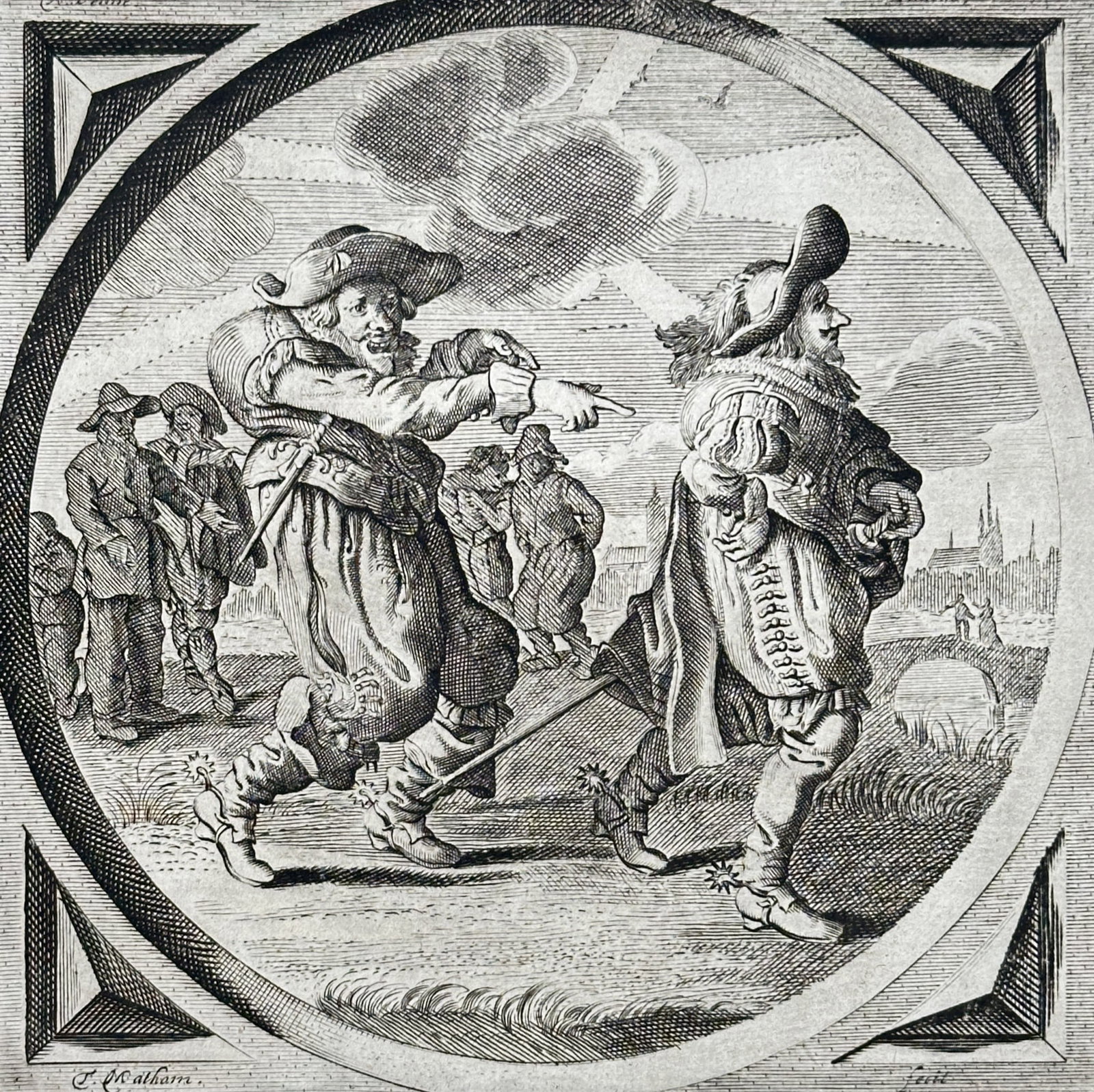 Jacob Cats (1577-1660) – Allegory of the Hunchback and Human Vanity – Engraving (1655): "’s Menschen Ydelheydt". This engraving illustrates an emblem within a circular frame depicting two finely dressed gentlemen, one of whom is a hunchback, walking through a landscape. The accompanyin