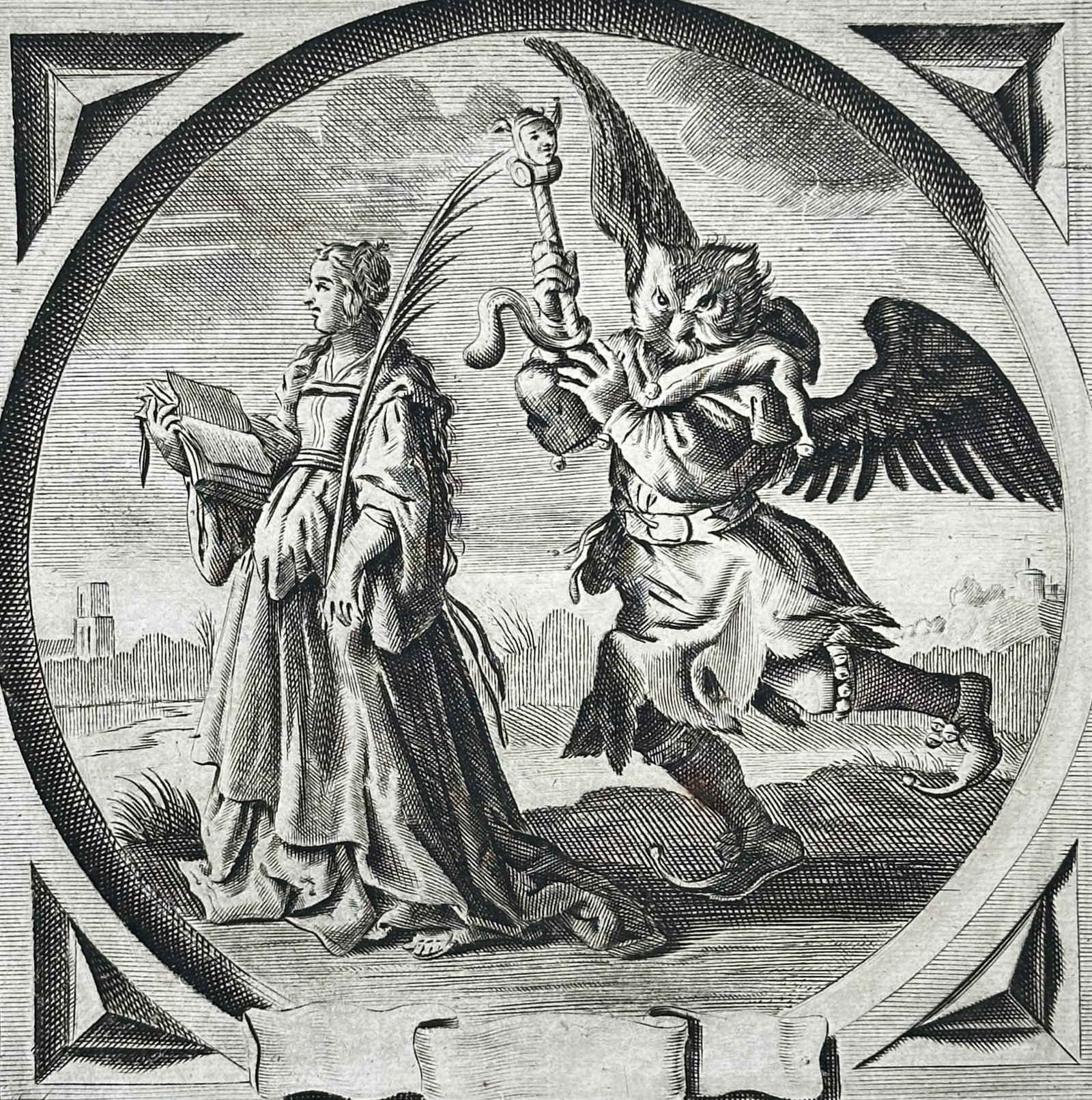 Jacob Cats (1577-1660) – Allegory of Wisdom and Folly – Engraving (1655): "Staten en Ampten". This engraving features an emblem within a circular frame depicting a winged figure of Folly running ahead while the robed figure of Wisdom follows at a measured pace. The surround