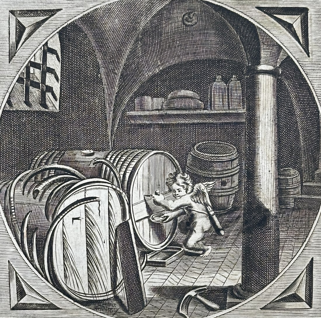 Jacob Cats (1577-1660) – Emblematic View of a Putto in a Wine Cellar – Engraving (1655) (1 of 3)