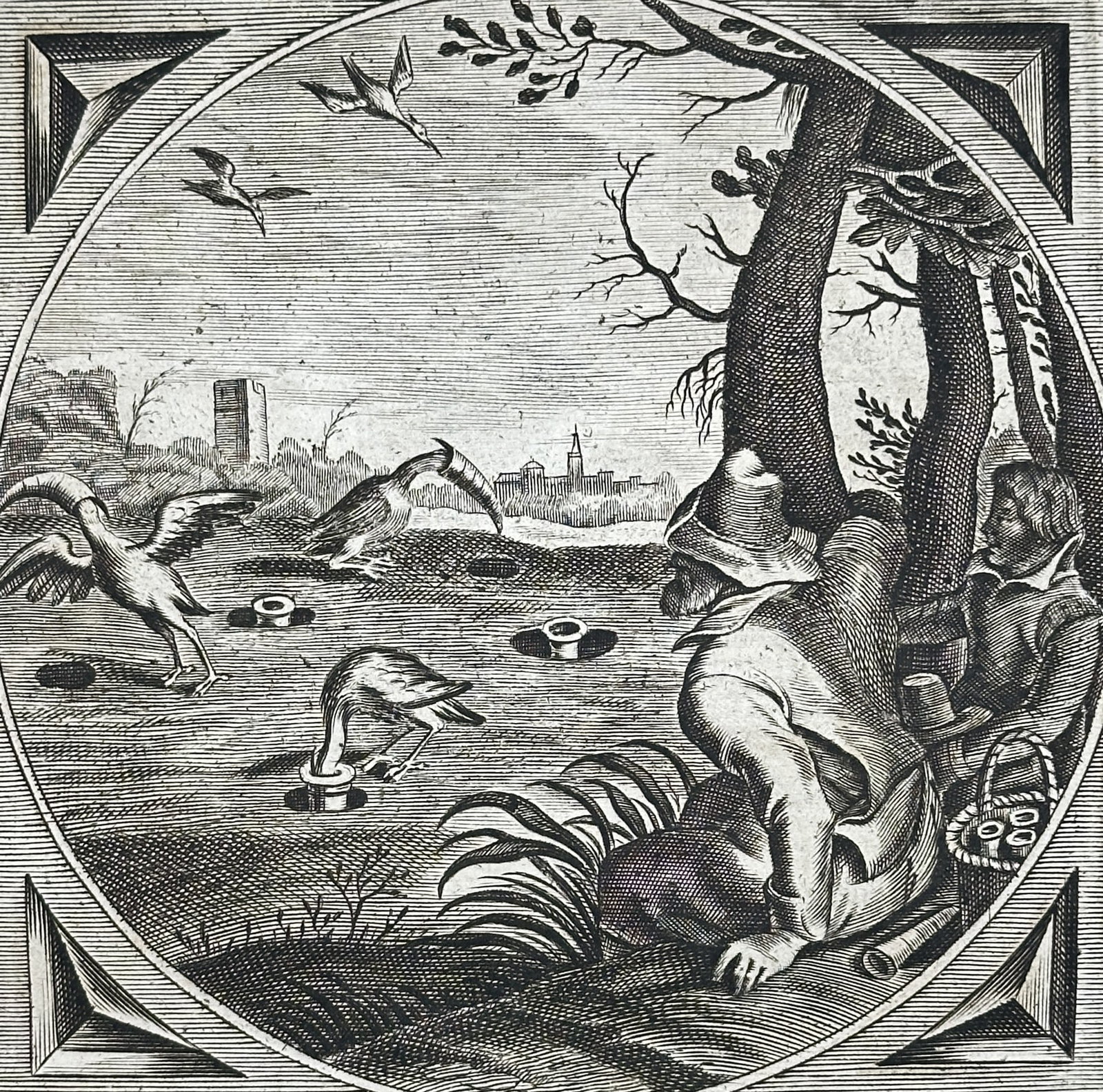 Jacob Cats (1577-1660) – Emblematic Scene of Hunters and Cranes – Engraving (1655): "Avarum Facile Capies, Ubi Non Sis Idem". This engraving features an emblem within a circular frame showing two hunters concealed behind trees, observing cranes in a field with a distant cityscape. Th
