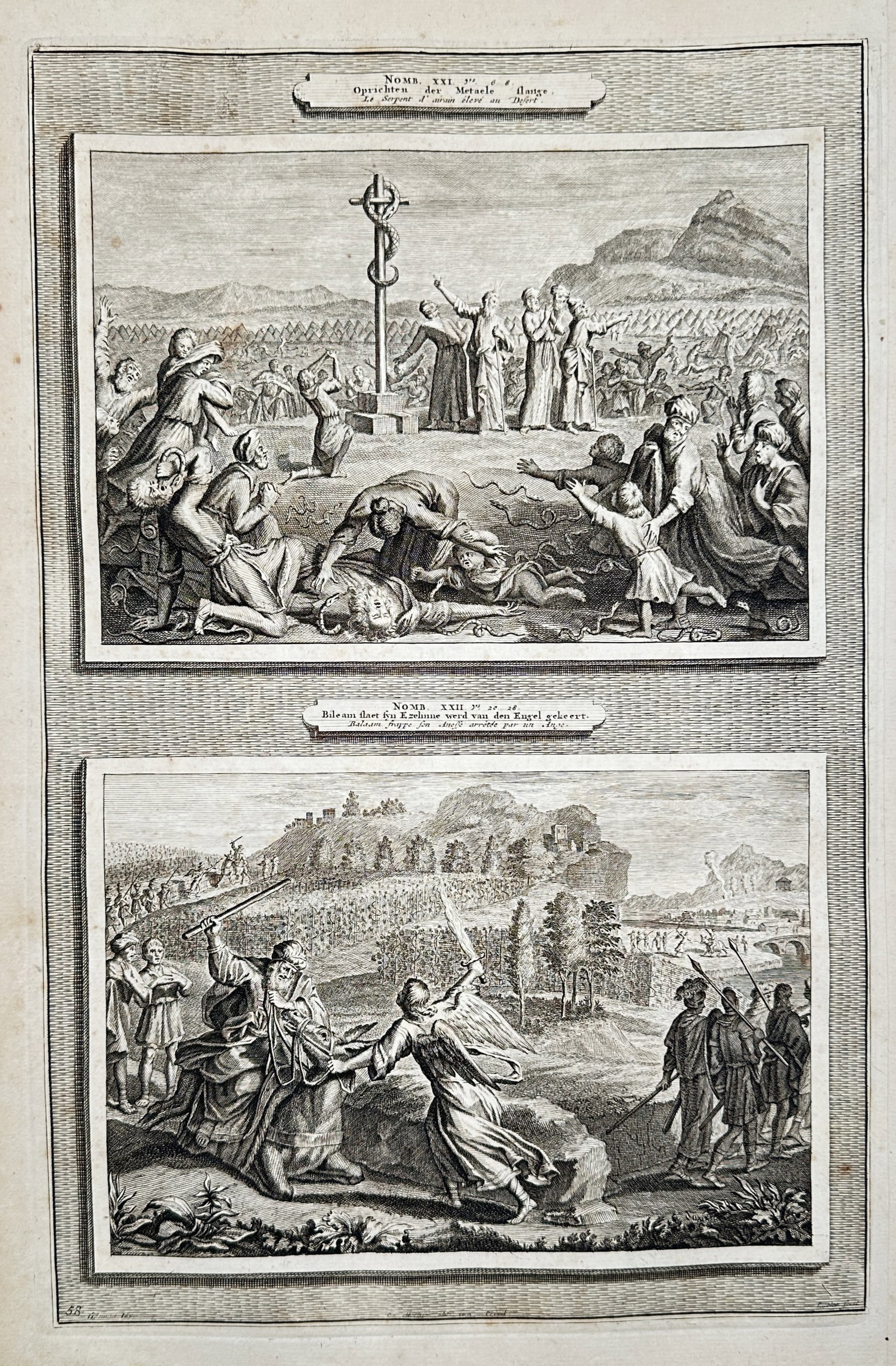 Pieter Mortier (1661-1711) – The Brazen Serpent and Balaam and the Angel – Etching (1700) (1 of 2)