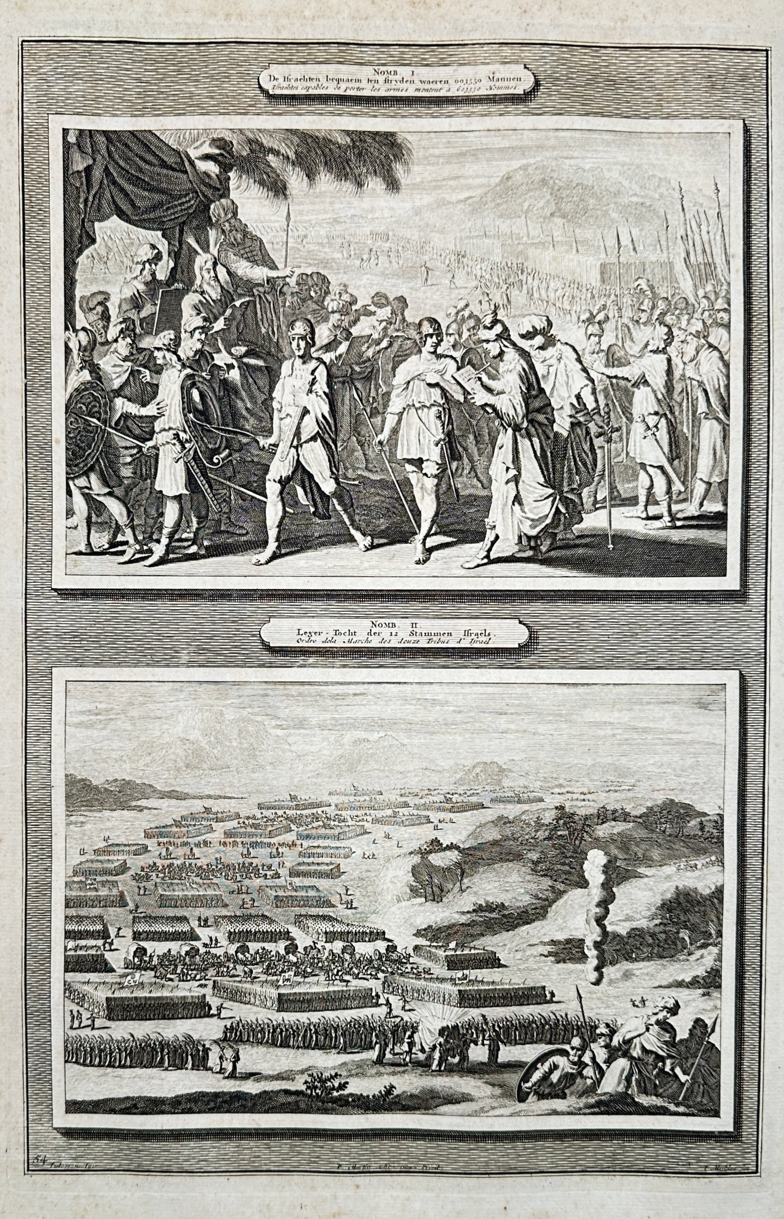 Pieter Mortier (1661-1711) – The Levites Appointed and the Order of the Tribes of Israel –: "Numb. I. De Levijten bepaalt ten dienste van de Tabernakel / Numb. II. Leger-Tocht der 12 Stammen Israels". This etching contains two biblical scenes from the Book of Numbers; the upper illustration 