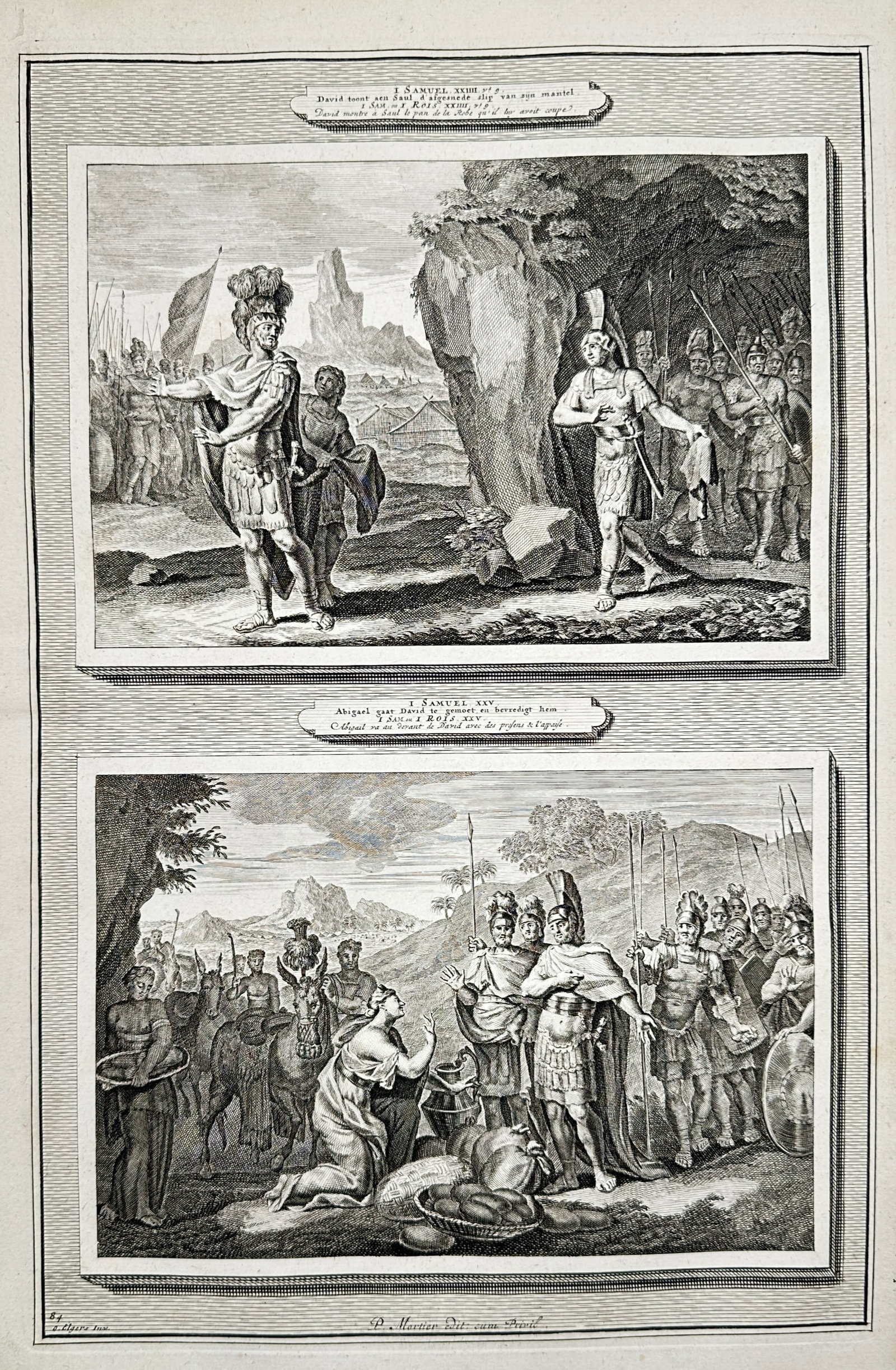 Pieter Mortier (1661-1711) – David Spares Saul and Abigail Intercedes with David – Etching (1 of 2)