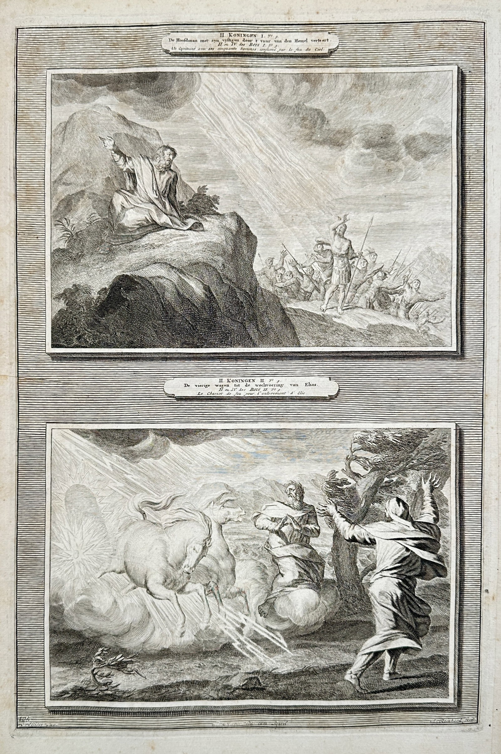 Pieter Mortier (1661-1711) – Elijah Calls Down Fire and the Ascension of Elijah – Etching (1700) (1 of 2)