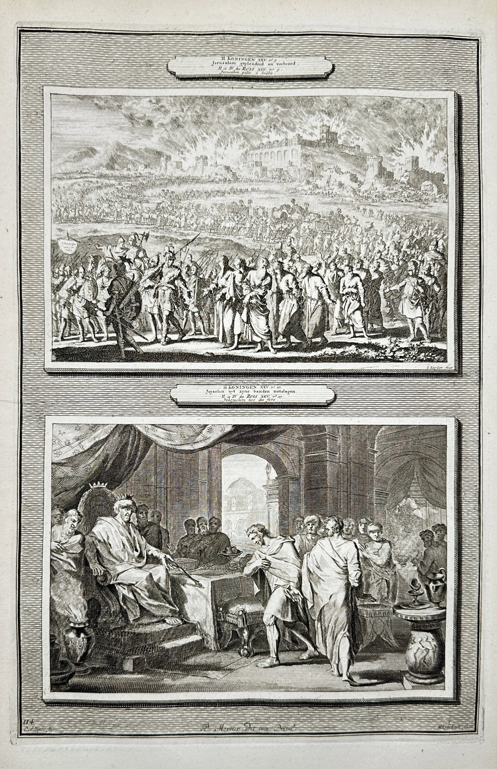 Pieter Mortier (1661-1711) – The Plunder of Jerusalem and Jehoash at the Deathbed of Elisha: "II KONINGEN XIV. Jerusalem geplundert en verwoest / II KONINGEN XIII. Joas over de stervende Elisa weenende". This etching illustrates two significant historical and emotional moments from the Second