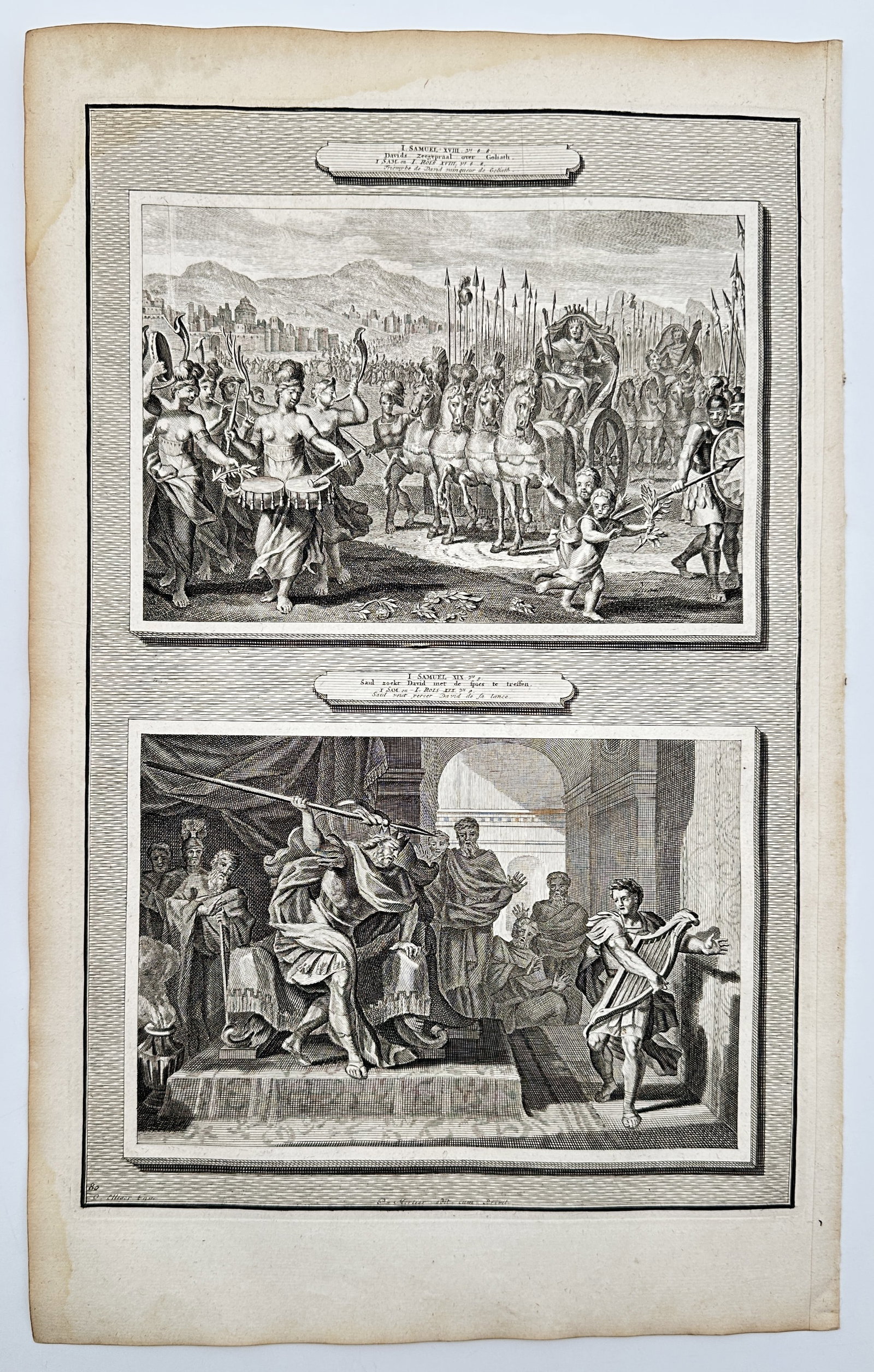 Pieter Mortier (1661-1711) – David's Triumph over Goliath and Saul Attempts to Kill David – (1 of 2)
