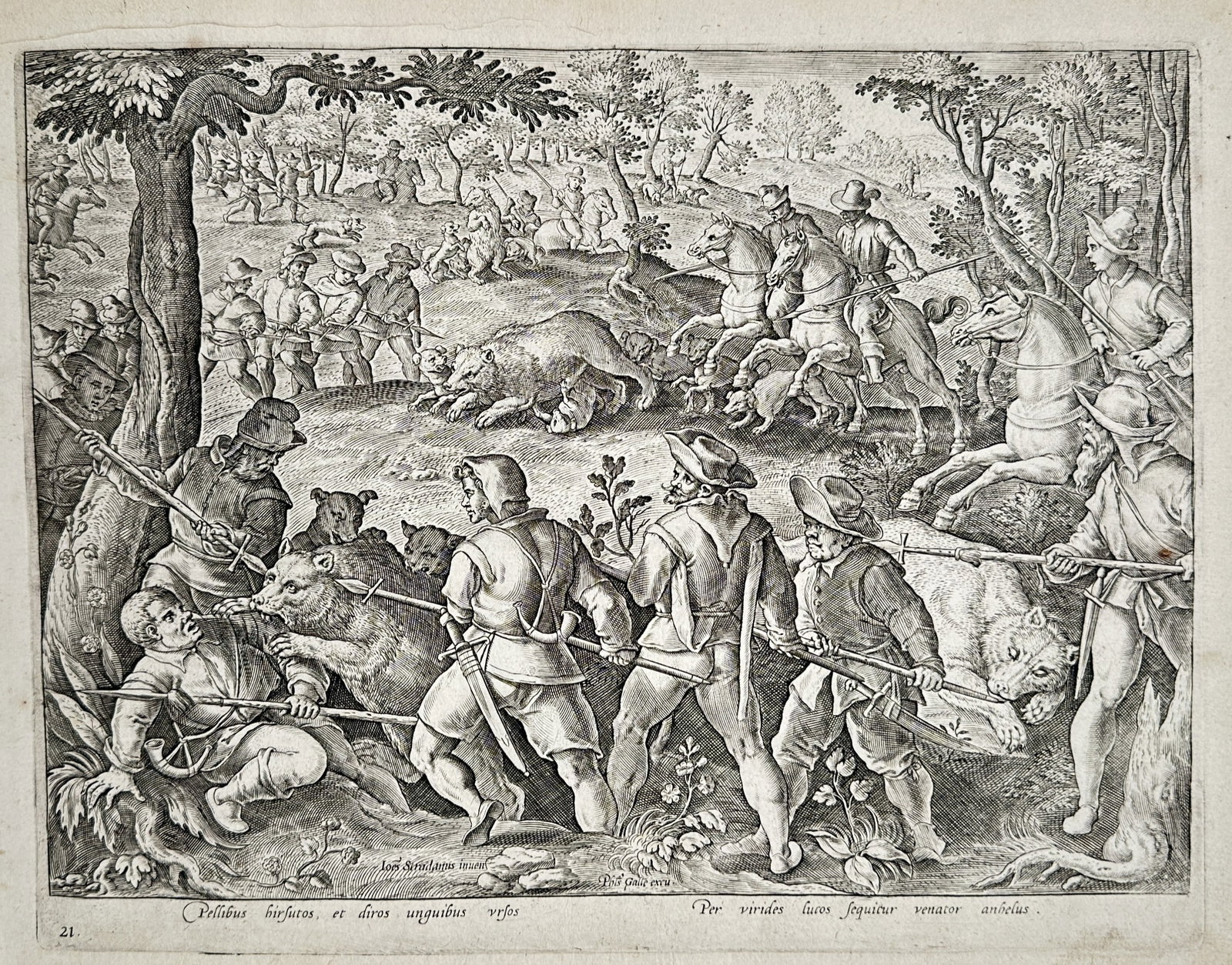 Johannes Stradanus (1523–1605) – Bear Hunt with Spears and Hounds – Engraving (1578): "Pellibus hirsutos, et diros unguibus ursos / Per virides lucos sequitur venator anhelus". This dynamic engraving depicts a high-stakes bear hunt in a dense woodland. In the foreground, hunters armed 