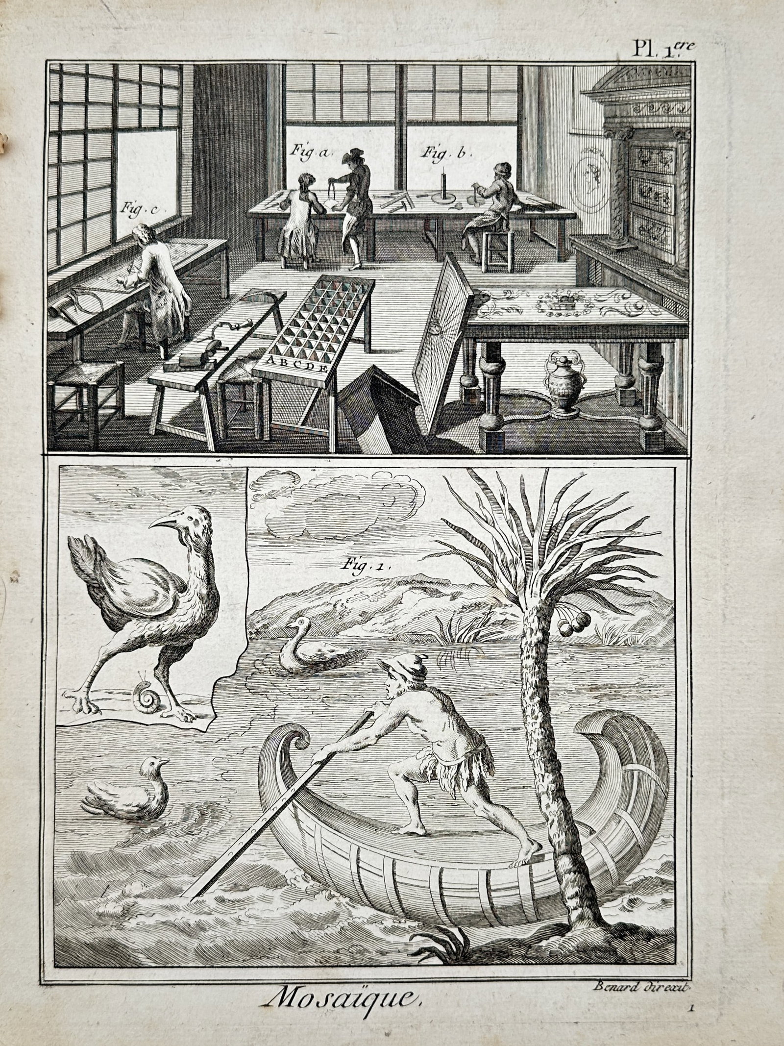 Robert Bénard (1734–1777) – Workshop and Techniques of Mosaic Art – Engraving (1771): "Mosaïque. Pl. 1ere". This engraving is divided into two distinct sections: the upper portion depicts a bustling workshop where artisans are meticulously cutting, sorting, and assembling small tesser