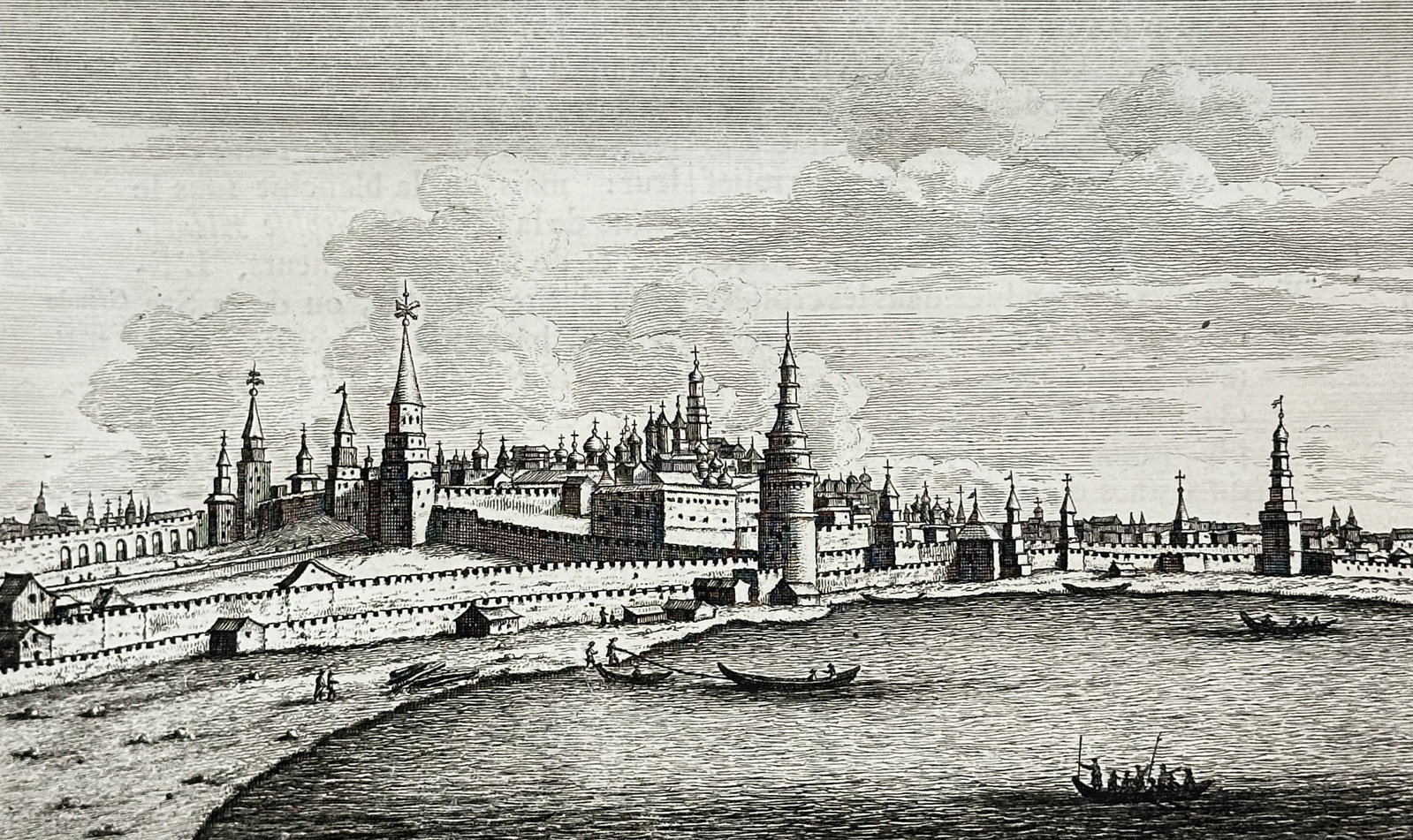 Cornelis de Bruijn (1652–1727) – View of the Kremlin in Moscow – Engraving (1711): "Chateau de Moskow" presents a detailed panoramic view of the Moscow Kremlin as seen from the Moskva River, showing the fortified walls and numerous towers of the historic citadel. The engraving is se