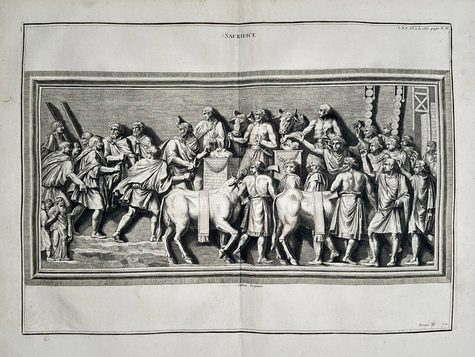 Bernard de Montfaucon (1655–1741) – Classical Relief Depicting a Roman Sacrifice – Engraving: "Sacrifice" presents a detailed reproduction of a Roman bas-relief from the Column of Trajan, showing a ceremonial procession and the preparations for a traditional sacrifice. The work illustrates num