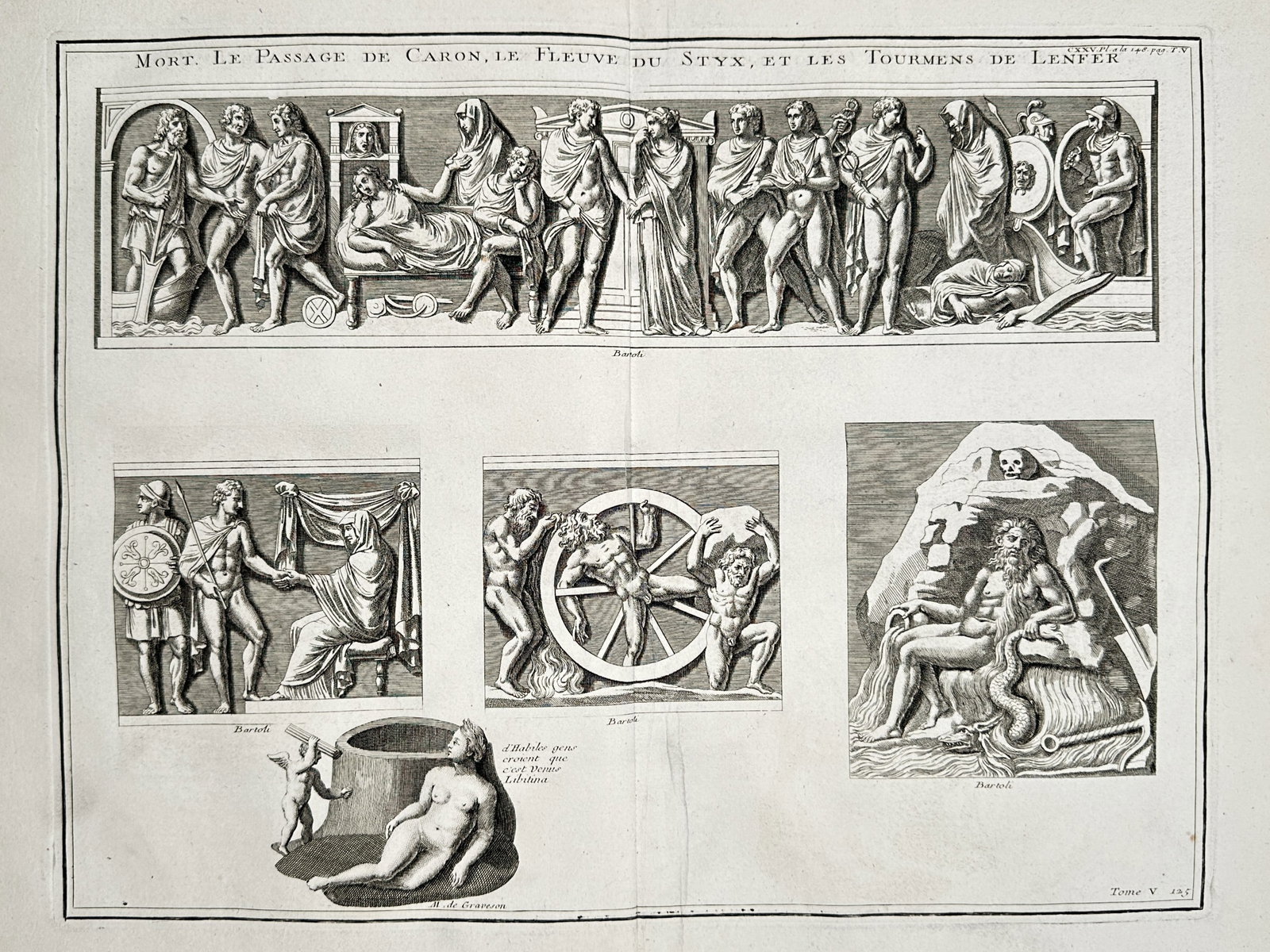Bernard de Montfaucon (1655–1741) – Mythological Scenes of Death and the Underworld: "Mort, Le Passage de Caron, Le Fleuve du Styx, et les Tourmens de l'Enfer" illustrates several classical representations of the afterlife and the underworld as depicted in ancient relief sculpture. Th