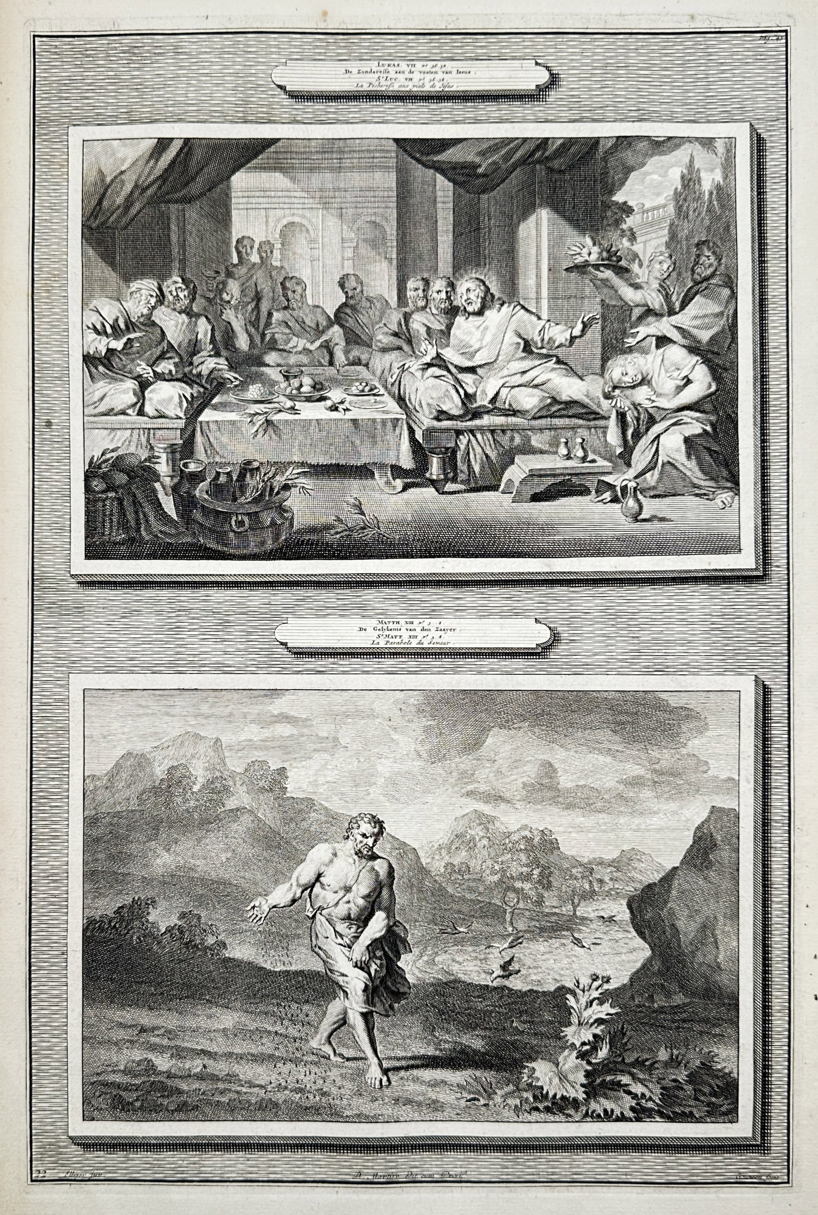 Pieter Mortier (1661–1711) – View of the Sinner Washing Christ’s Feet and the Parable of the: "De Zündaresse aan de voeten van Jesus / Le Parabole du Semeur" displays two biblical scenes within ornate borders: the upper image shows a woman anointing the feet of Jesus during a banquet, and the