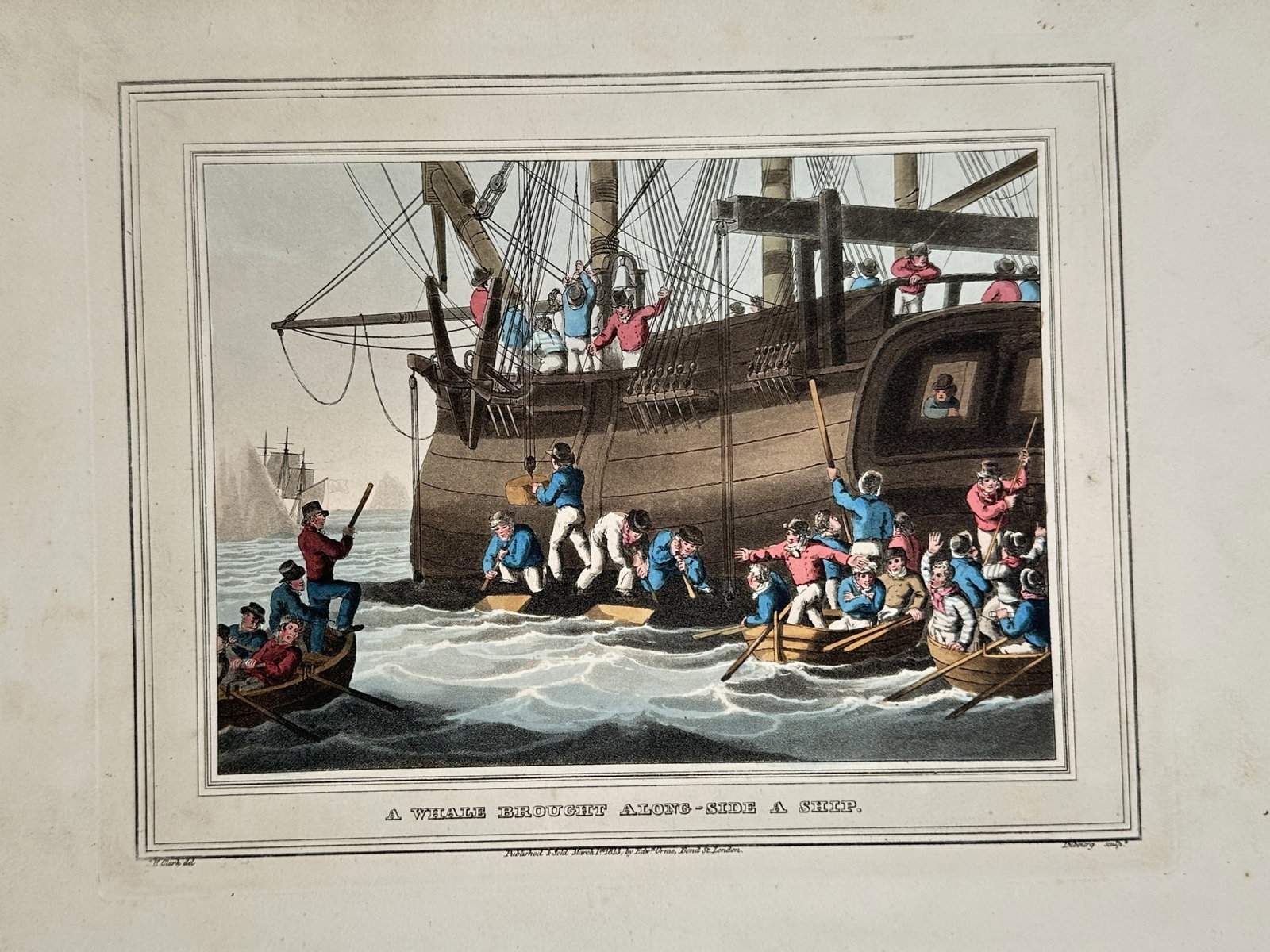 John Heaviside Clark (1771-1863) – View of a Whale Brought Along-side a Ship: "A Whale Brought Along-side a Ship" depicts a large whaling vessel with several smaller rowboats clustered around its hull as sailors manage a captured whale in the water. This hand-coloured aquatint 