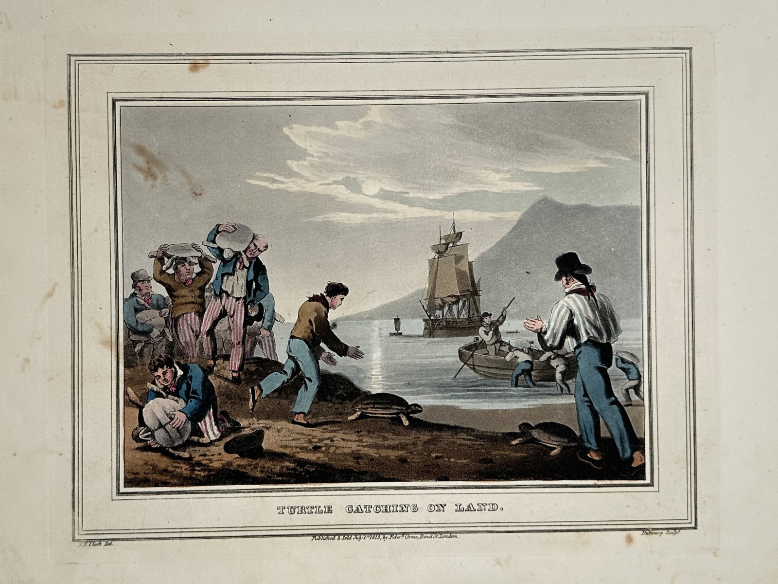 John Heaviside Clark (1771-1863) – View of Turtle Catching on Land – Hand-coloured aquatint: "Turtle Catching on Land" depicts sailors on a tropical coastline at night, illuminated by the moon, as they capture and carry sea turtles toward a waiting ship in the bay. This hand-coloured aquatint