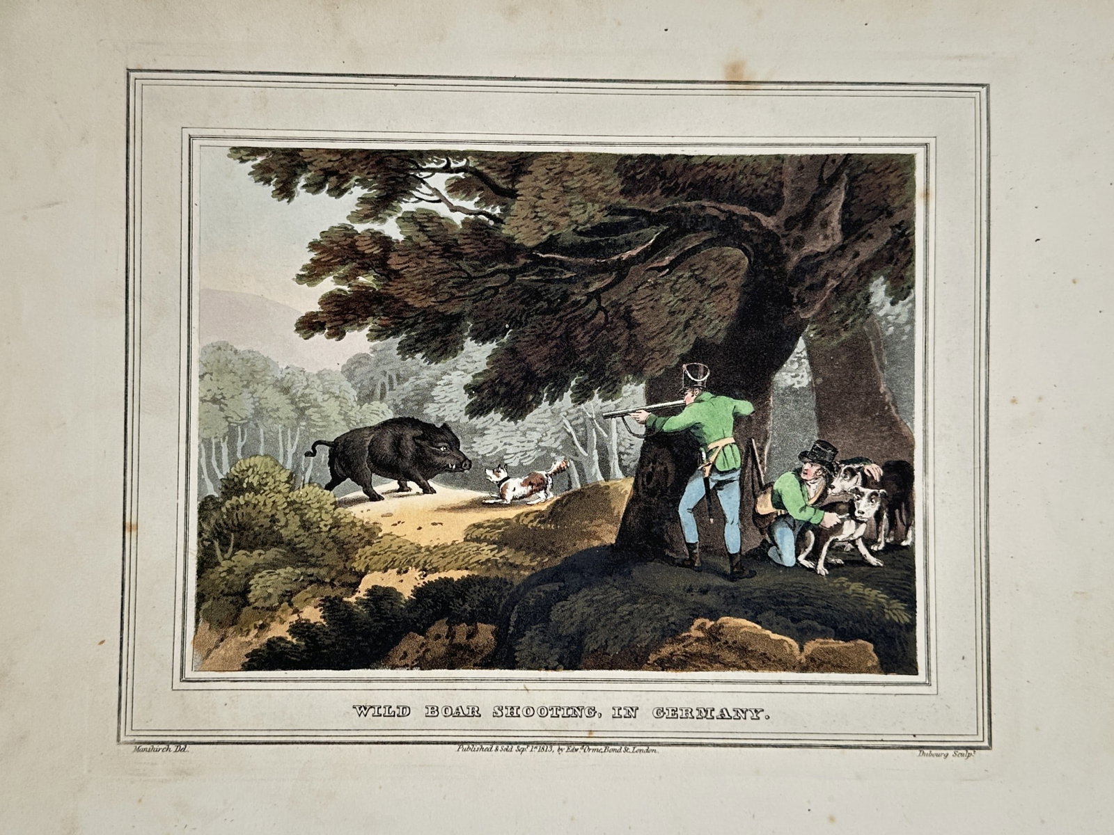 Samuel Howitt (1756-1822) – View of Wild Boar Shooting, in Germany – Hand-coloured aquatint: "Wild Boar Shooting, in Germany" portrays a hunter in green attire aiming a rifle at a large black boar emerging from a forest, while a companion holds back two hunting dogs beneath a large tree. This