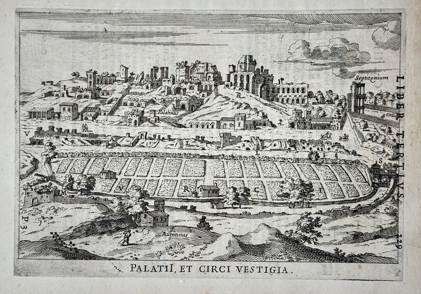 Alessandro Donati (1584-1640) – View of the Palatine Hill and Circus Maximus – Etching (1633): "Palatii, Et Circi Vestigia" provides an archaeological perspective of the ruins of the Palatine Hill and the site of the Circus Maximus in Rome. This etching was published in the scholarly work Roma 