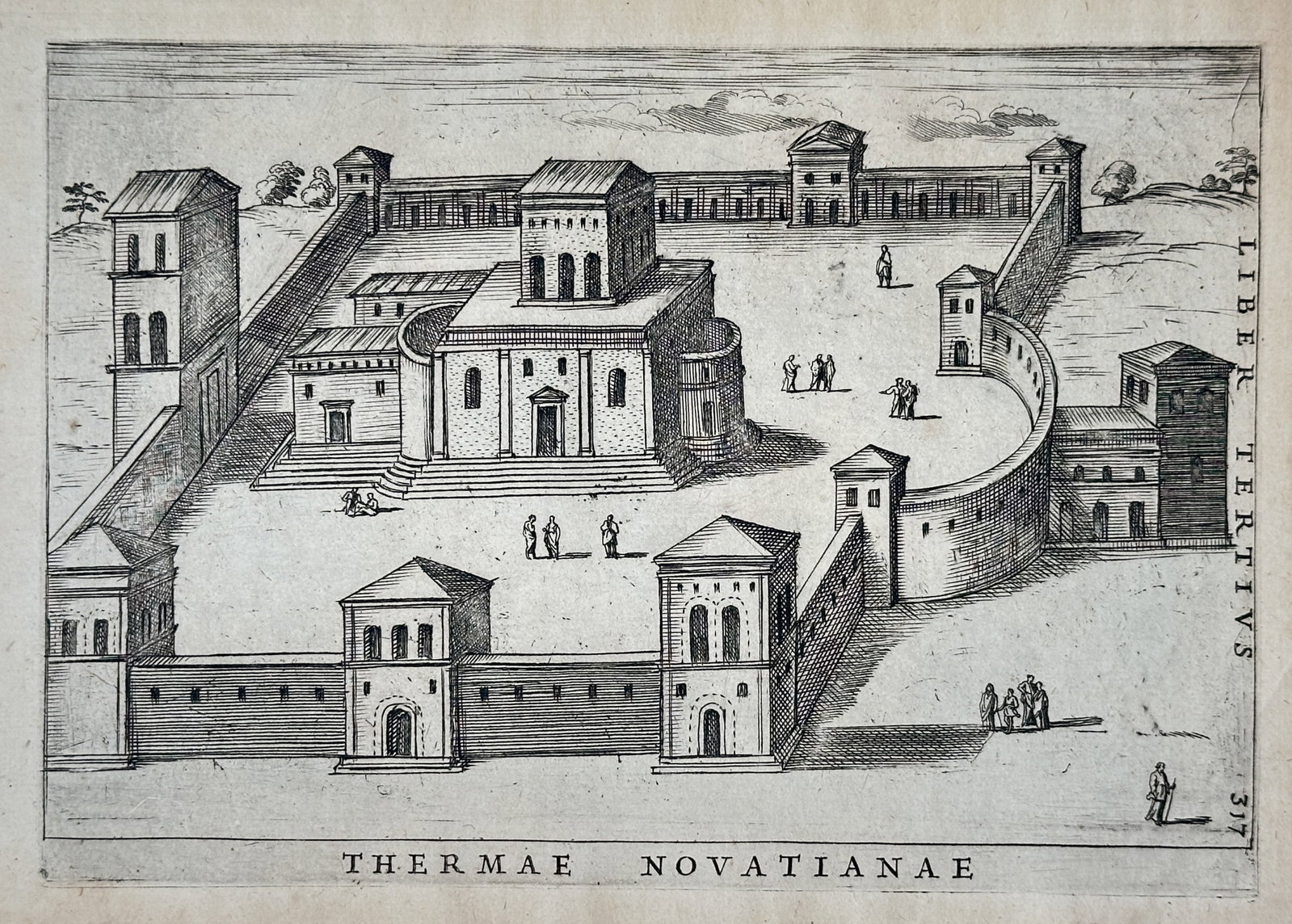 Alessandro Donati (1584-1640) – View of the Baths of Novatianus – Etching (1633): "Thermae Novatianae" presents an architectural reconstruction of the ancient Roman baths associated with the Novatianus complex, featuring a central multi-story structure within a large courtyard encl