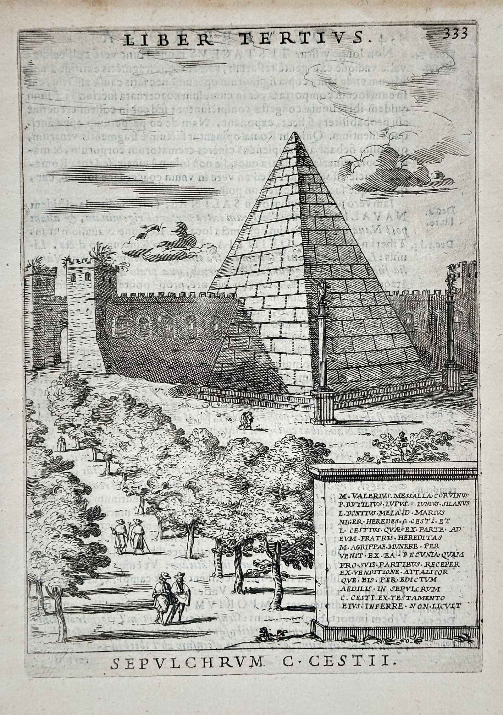 Alessandro Donati (1584-1640) – View of the Pyramid of Cestius – Etching (1633): "Sepvlchrvm C. Cestii" depicts the ancient Roman funerary pyramid built for Gaius Cestius, integrated into the Aurelian Walls near the Porta San Paolo. This etching was published in the antiquarian st