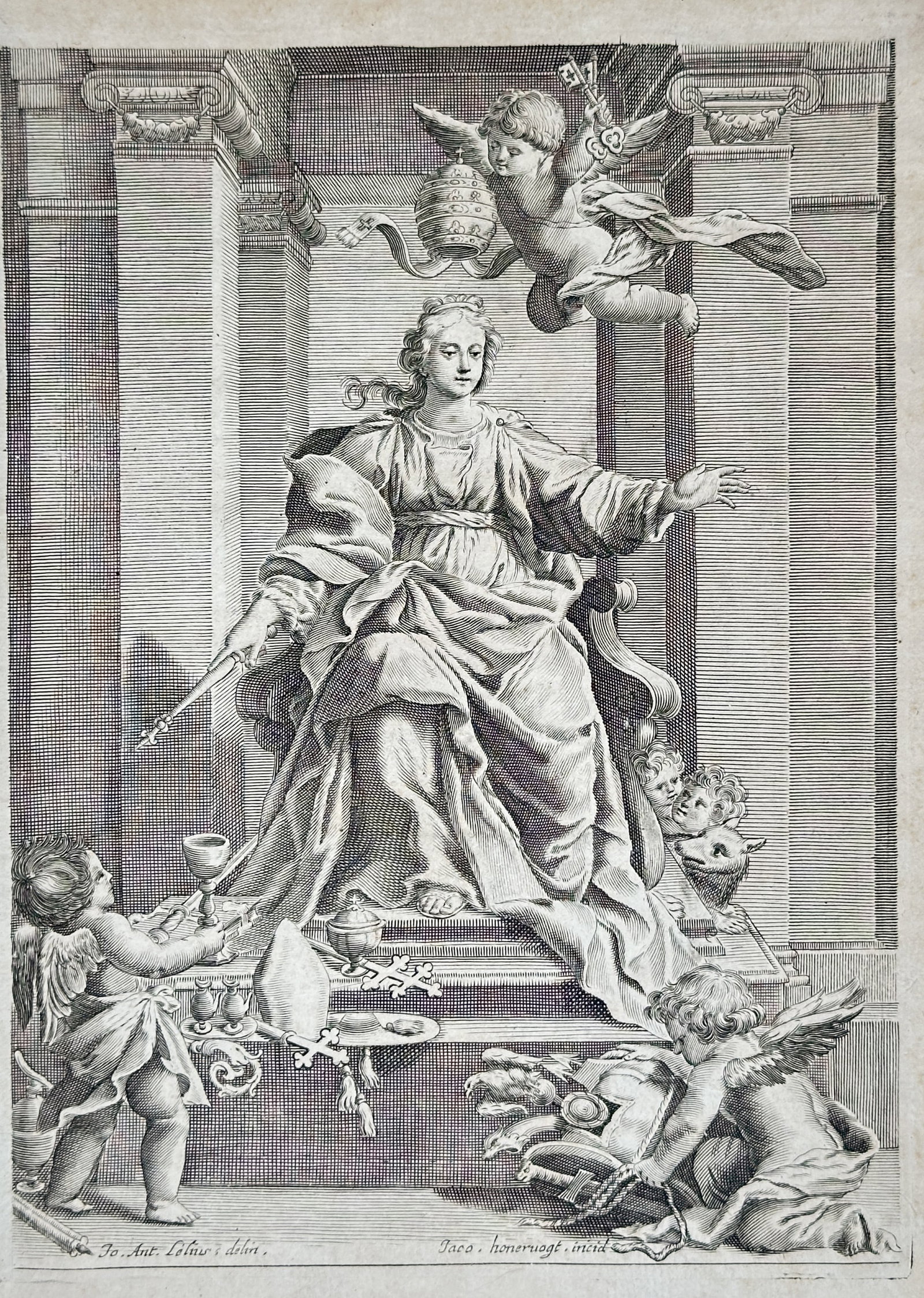 Giovanni Antonio Lelli (1591-1640) – View of the Allegory of the Church – Engraving (1633): "Allegory of the Church" depicts a seated female figure enthroned within a classical architectural niche, surrounded by putti carrying papal regalia including the tiara, keys, and mitre. This engravin
